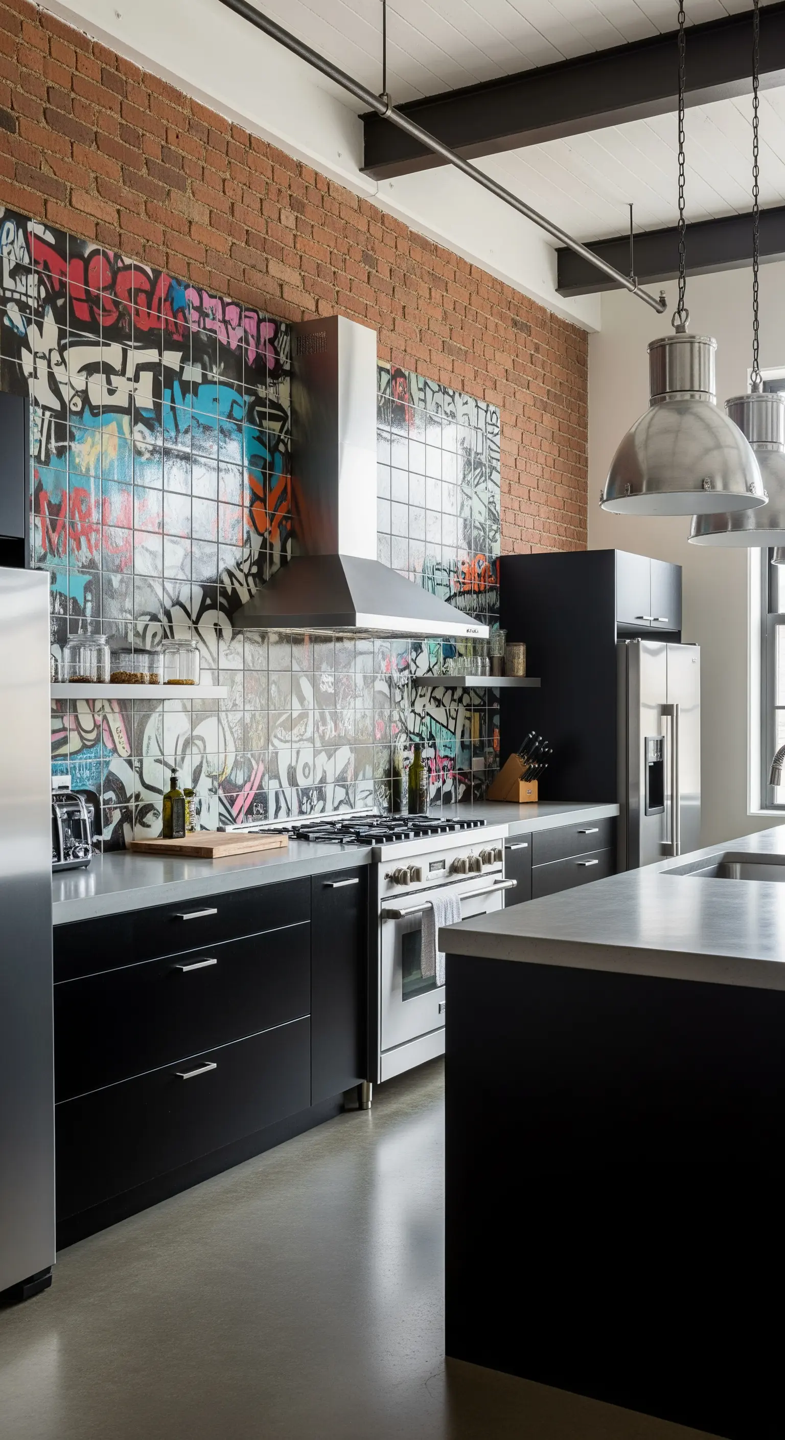 Cucina industrial con paraschizzi in piastrelle graffiti e muro di mattoni.
