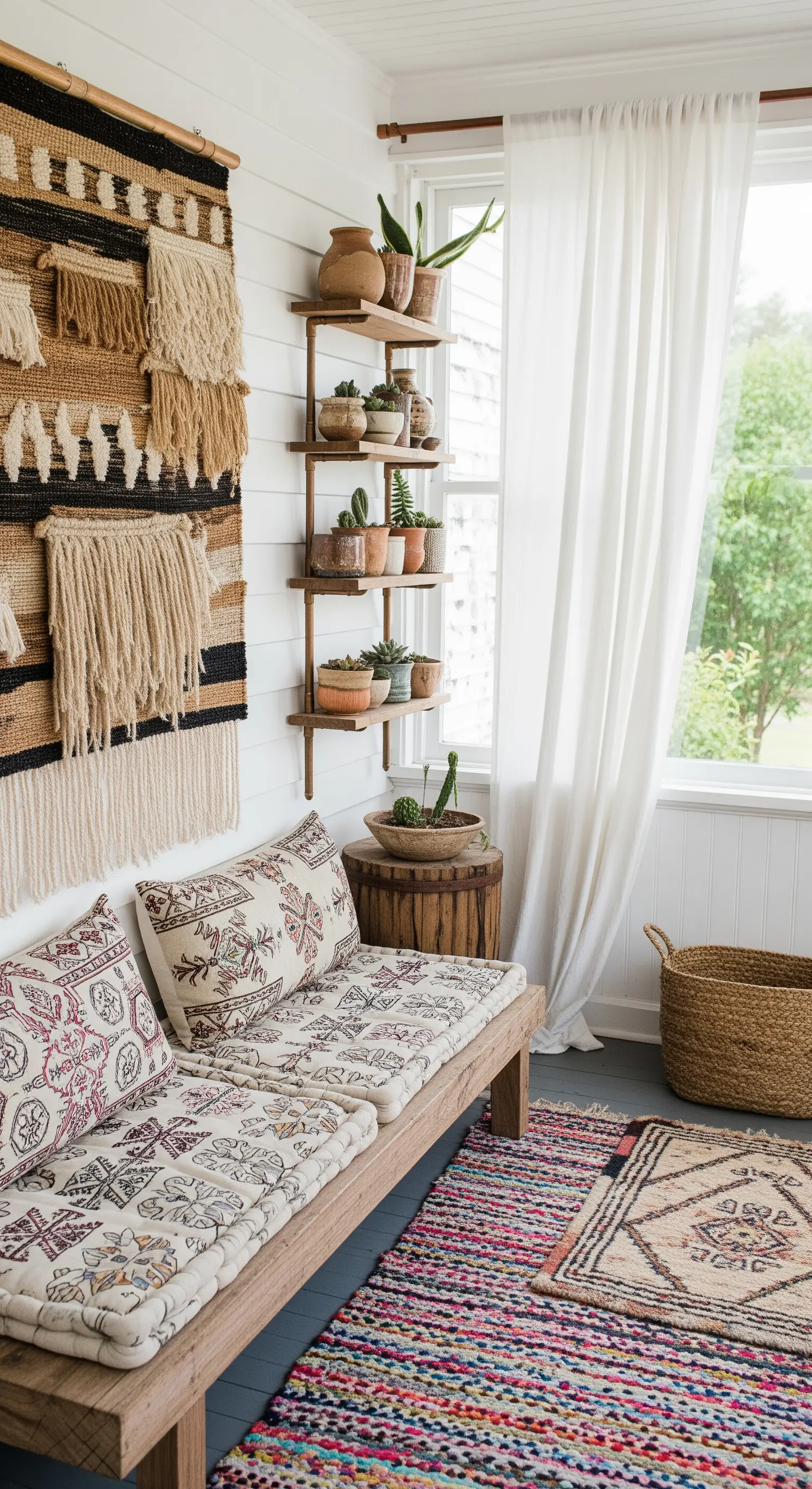 Veranda con panca in legno e un grande arazzo materico a parete con frange.