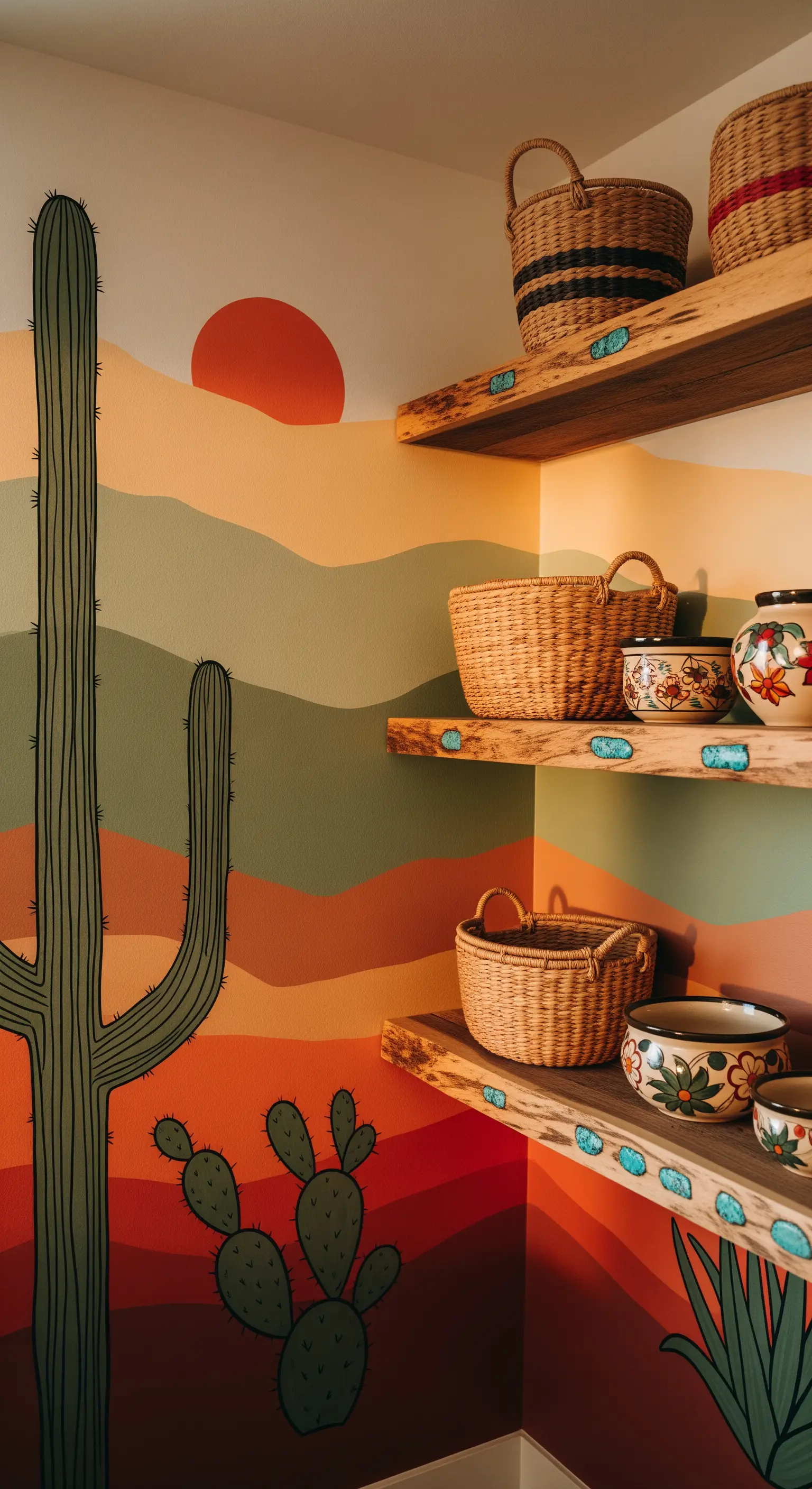 Mensole in legno grezzo con inserti turchesi su un murale di un paesaggio desertico.