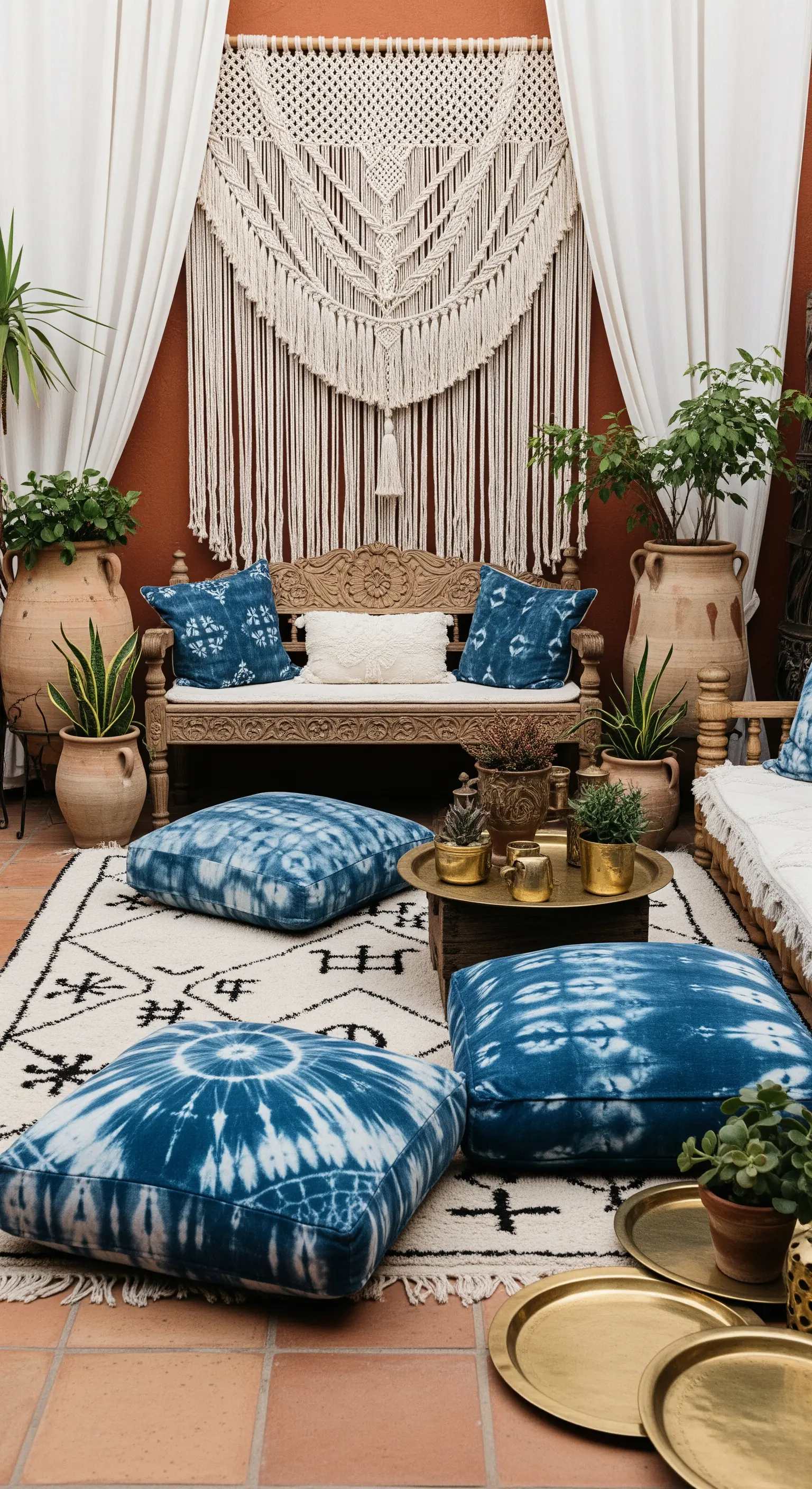 Patio bohémien con panca intagliata, cuscini tie-dye blu e decorazione macramè a parete.