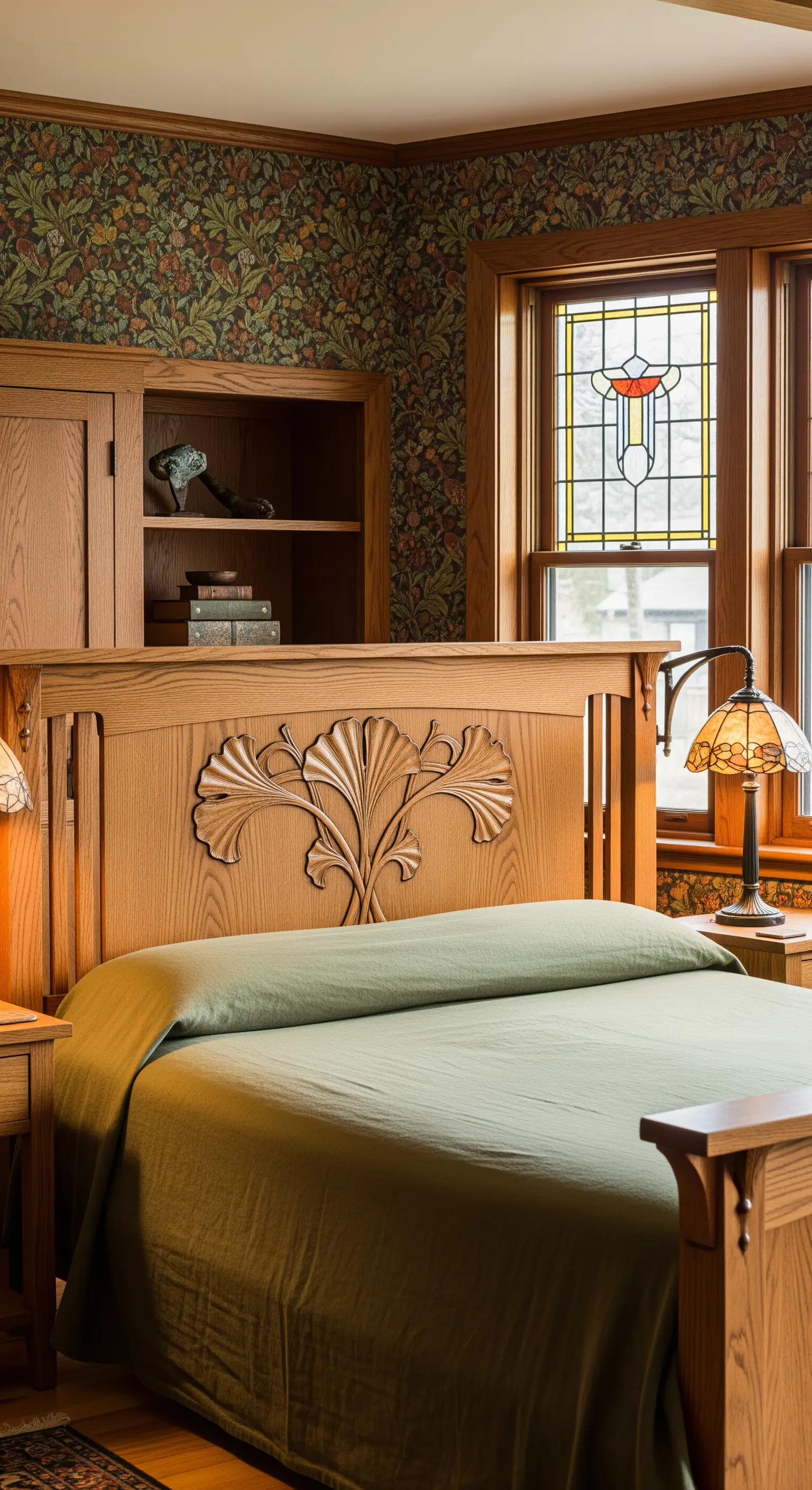 Testiera in rovere stile Arts and Crafts con un intaglio a forma di foglia di ginkgo.