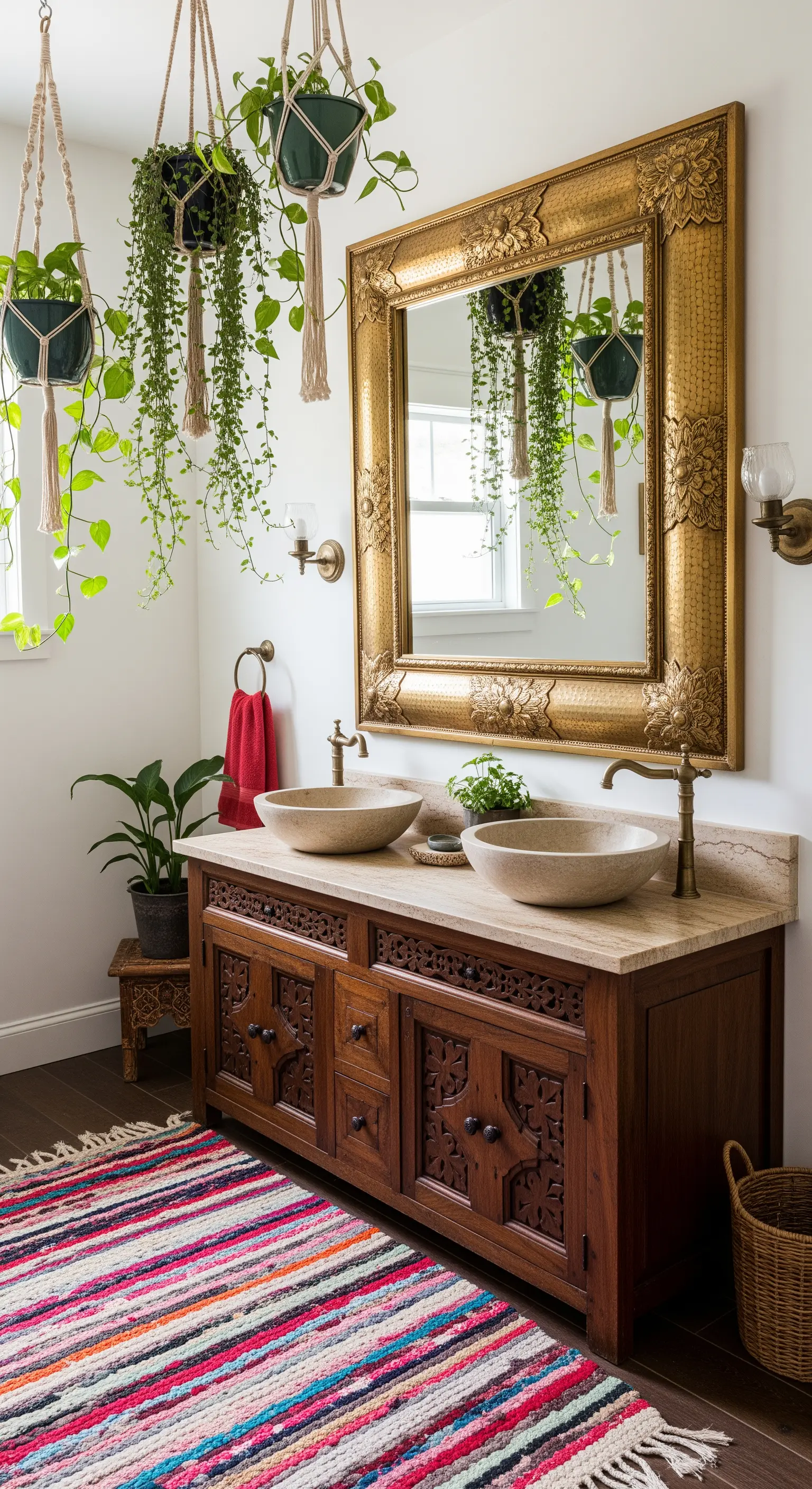 Mobile da bagno in legno scuro intagliato con specchio dorato e tappeto a righe.