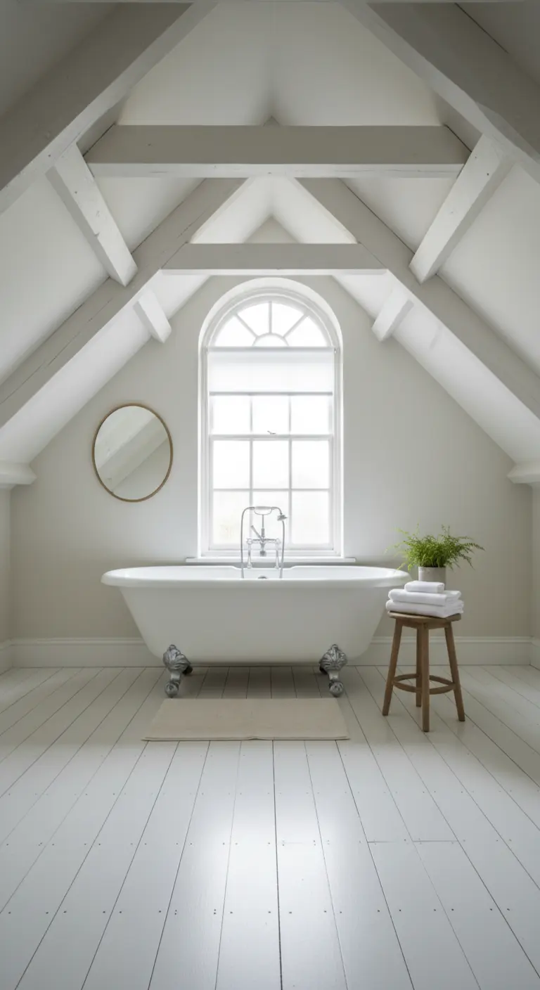Bagno in una mansarda bianca con travi a vista, vasca con piedini e una finestra ad arco con tenda a rullo.