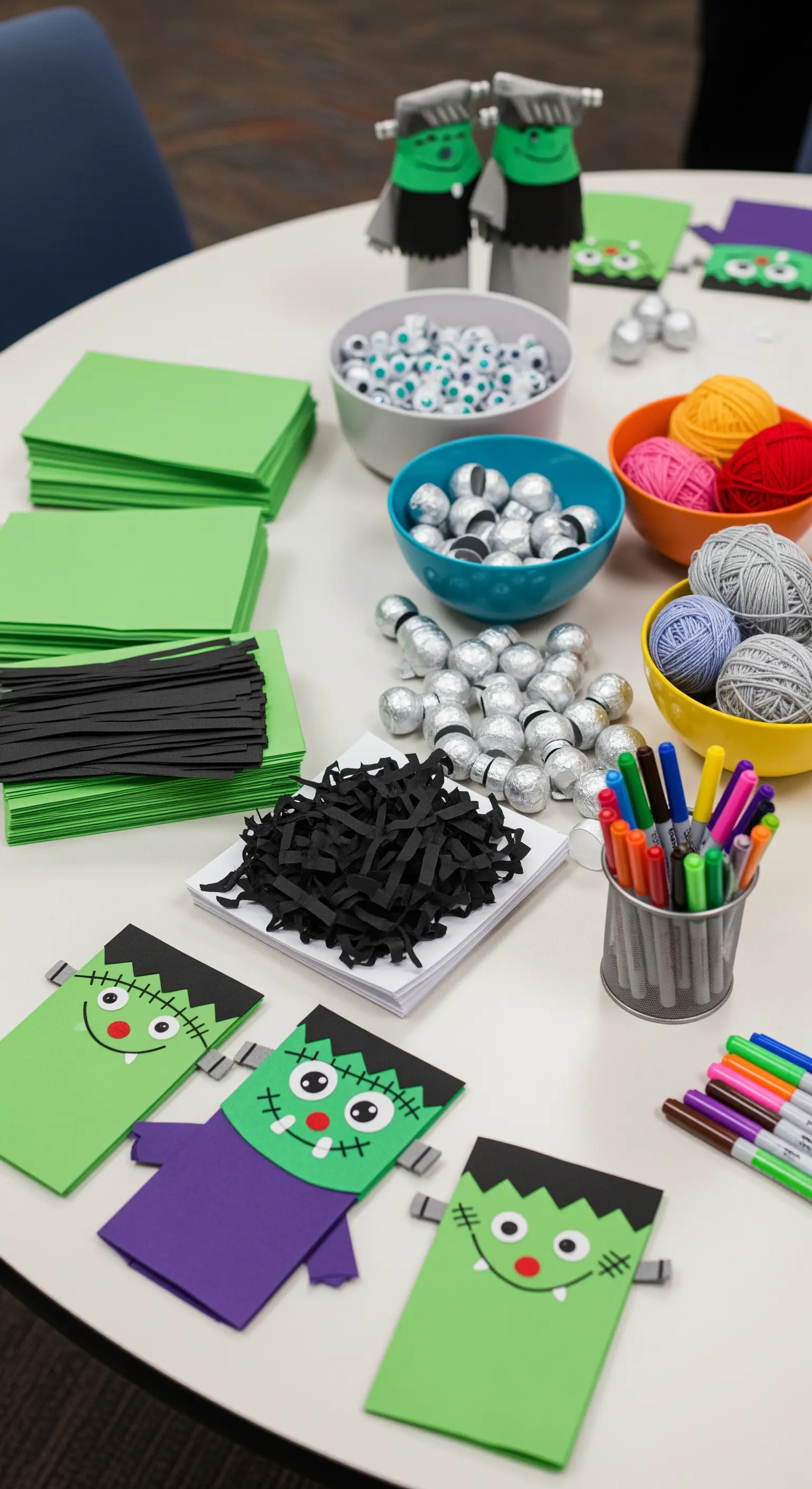 Tavolo allestito con materiali per creare marionette di Frankenstein: carta, lana e pennarelli.