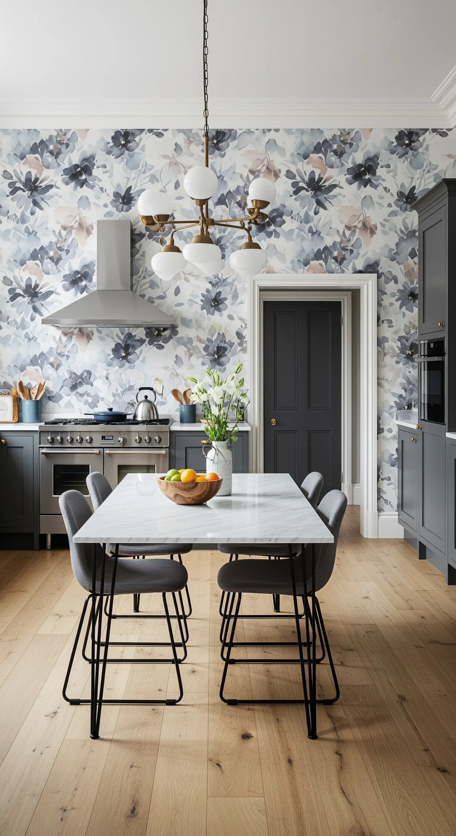 Cucina grigia con carta da parati floreale ad acquerello e tavolo in marmo.