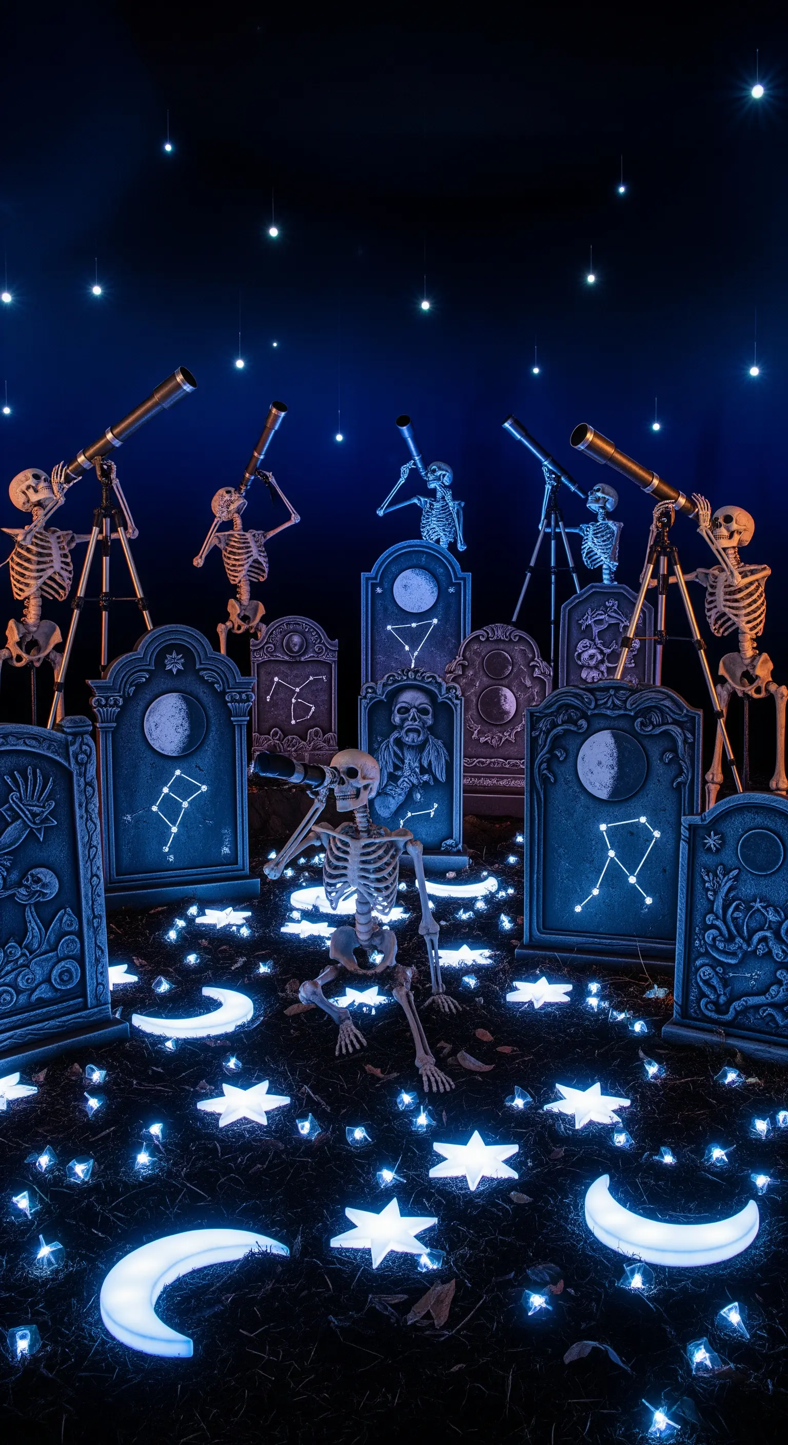 Scheletri con telescopi in un cimitero decorato con stelle e lune luminose.