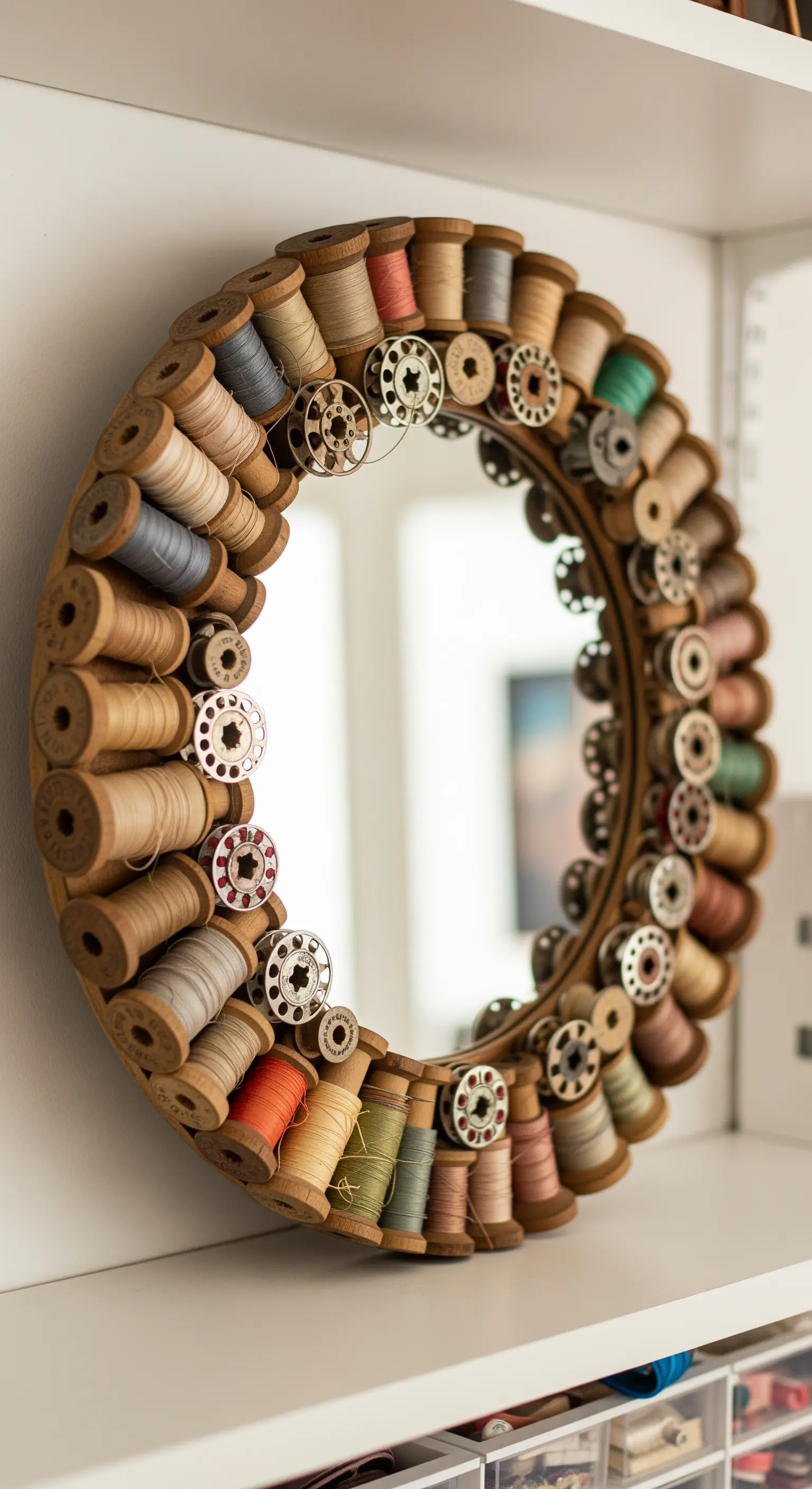 Specchio rotondo con cornice composta da rocchetti di filo di legno di vari colori.