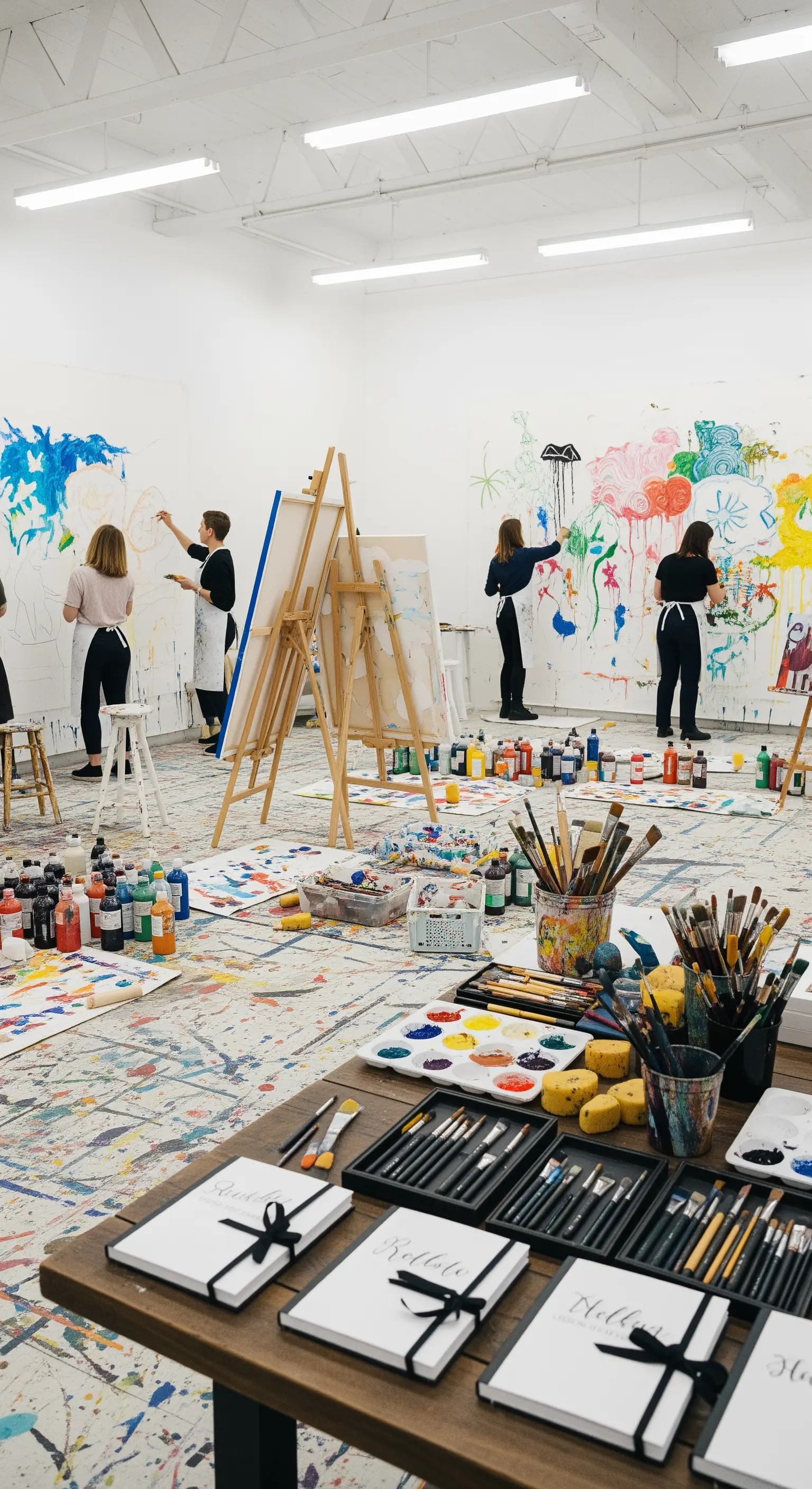 Uno studio d'arte con persone che dipingono su un grande muro, con colori e pennelli ovunque.