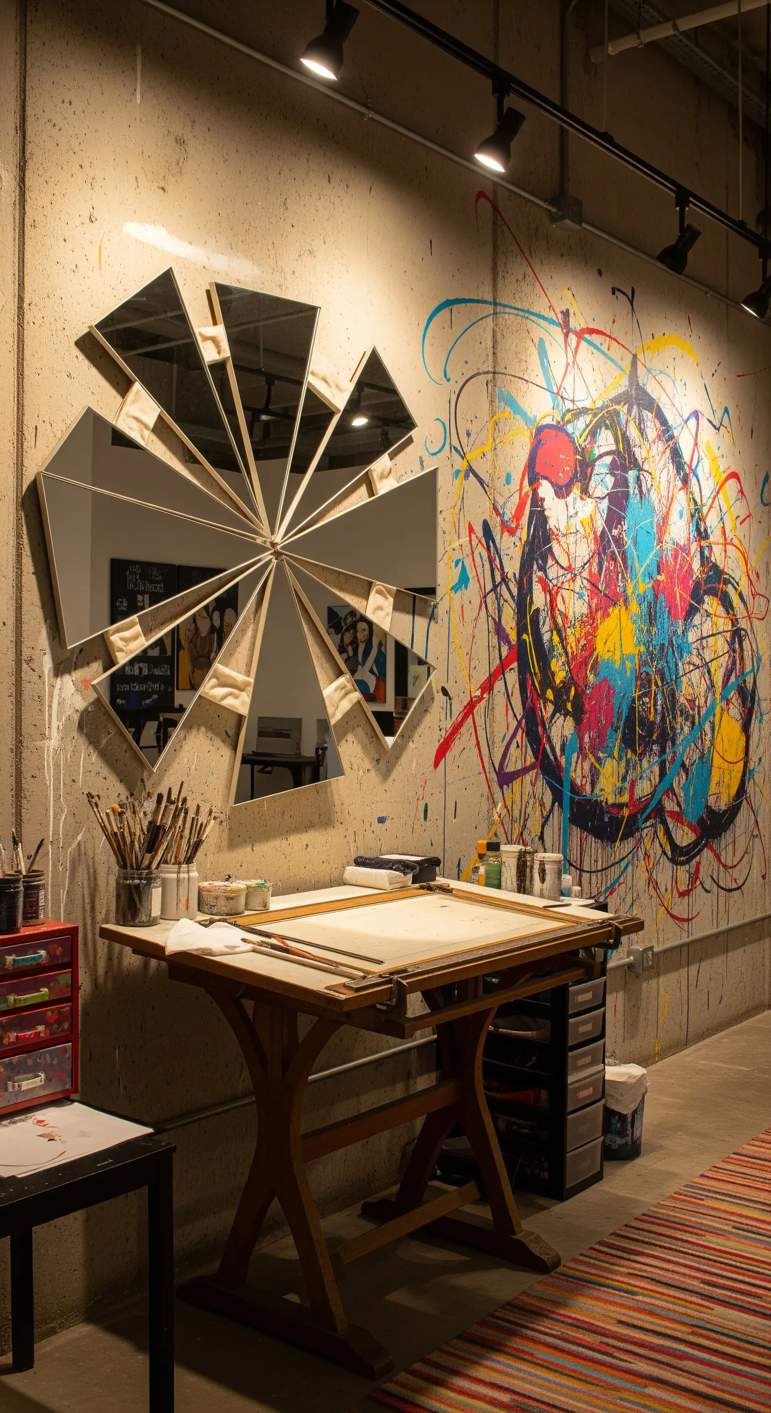 Angolo studio con murale astratto su parete di cemento e specchio scultoreo a frammenti.