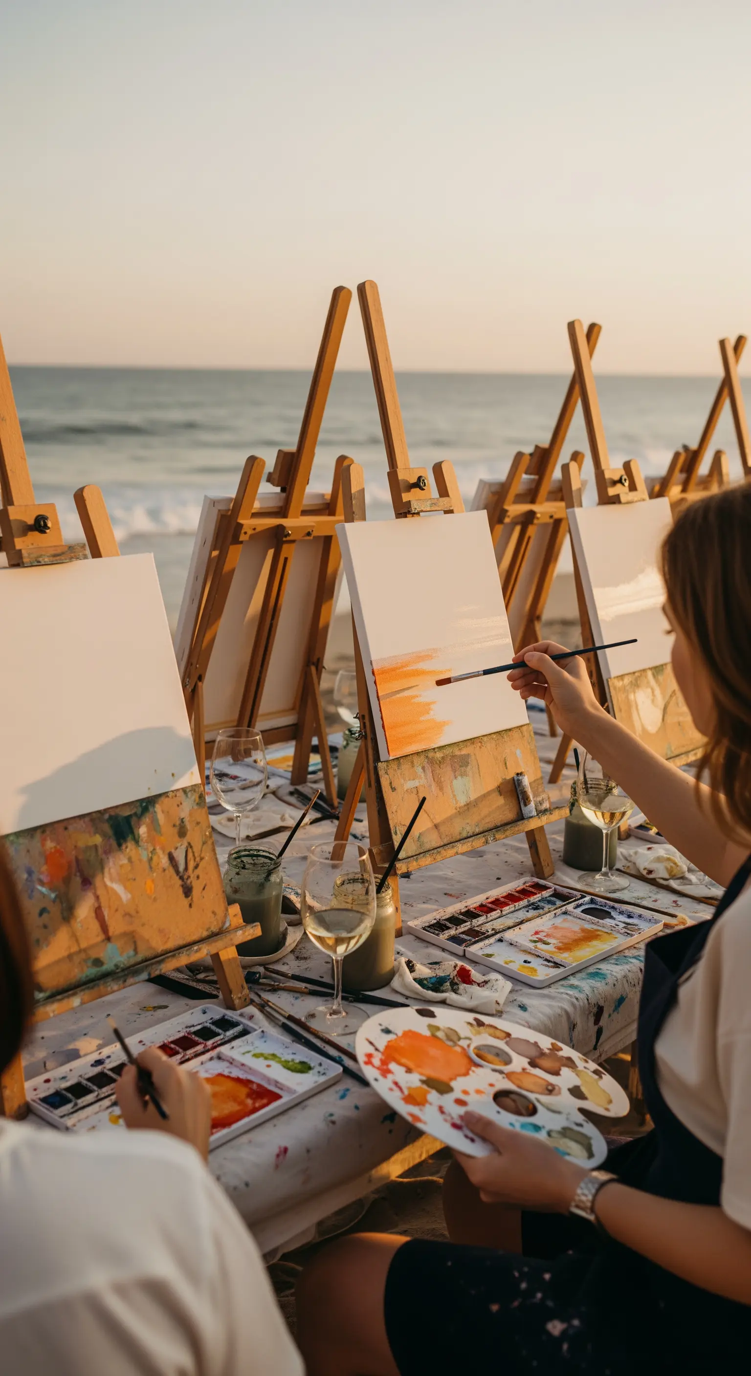 Gruppo di persone che dipingono il tramonto sul mare sedute davanti a dei cavalletti