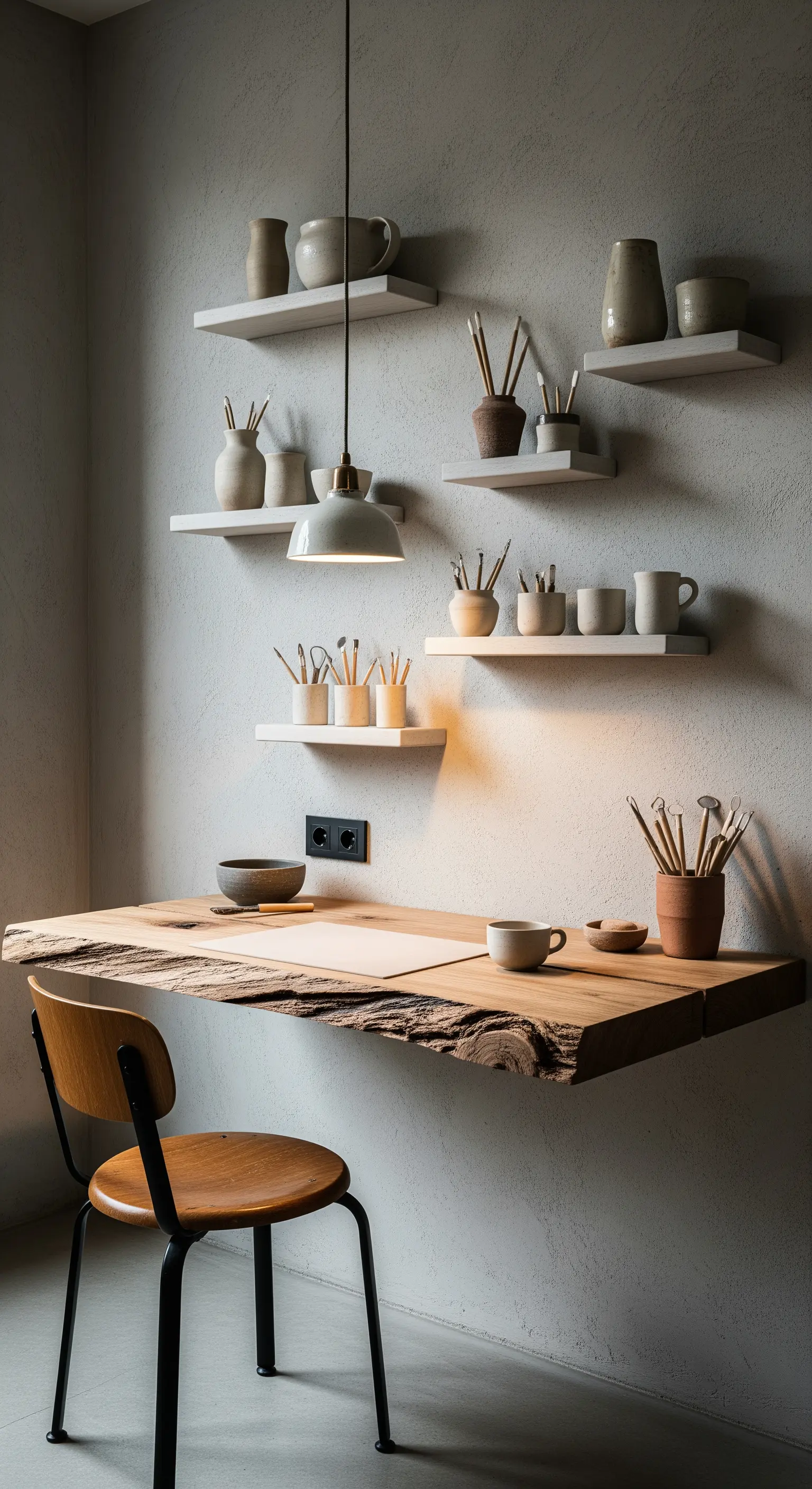Scrivania sospesa in legno massello con bordo vivo, mensole con ceramiche e parete materica.