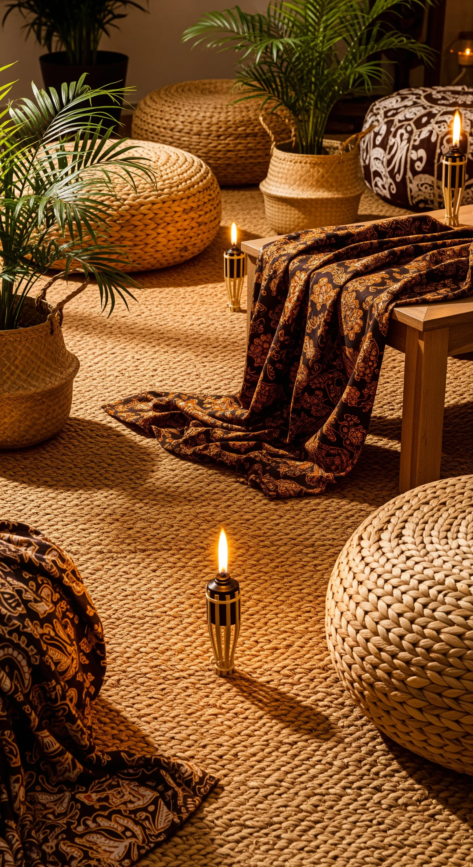 Spazio con pouf in paglia, tappeto in iuta e piccole torce a LED a terra.