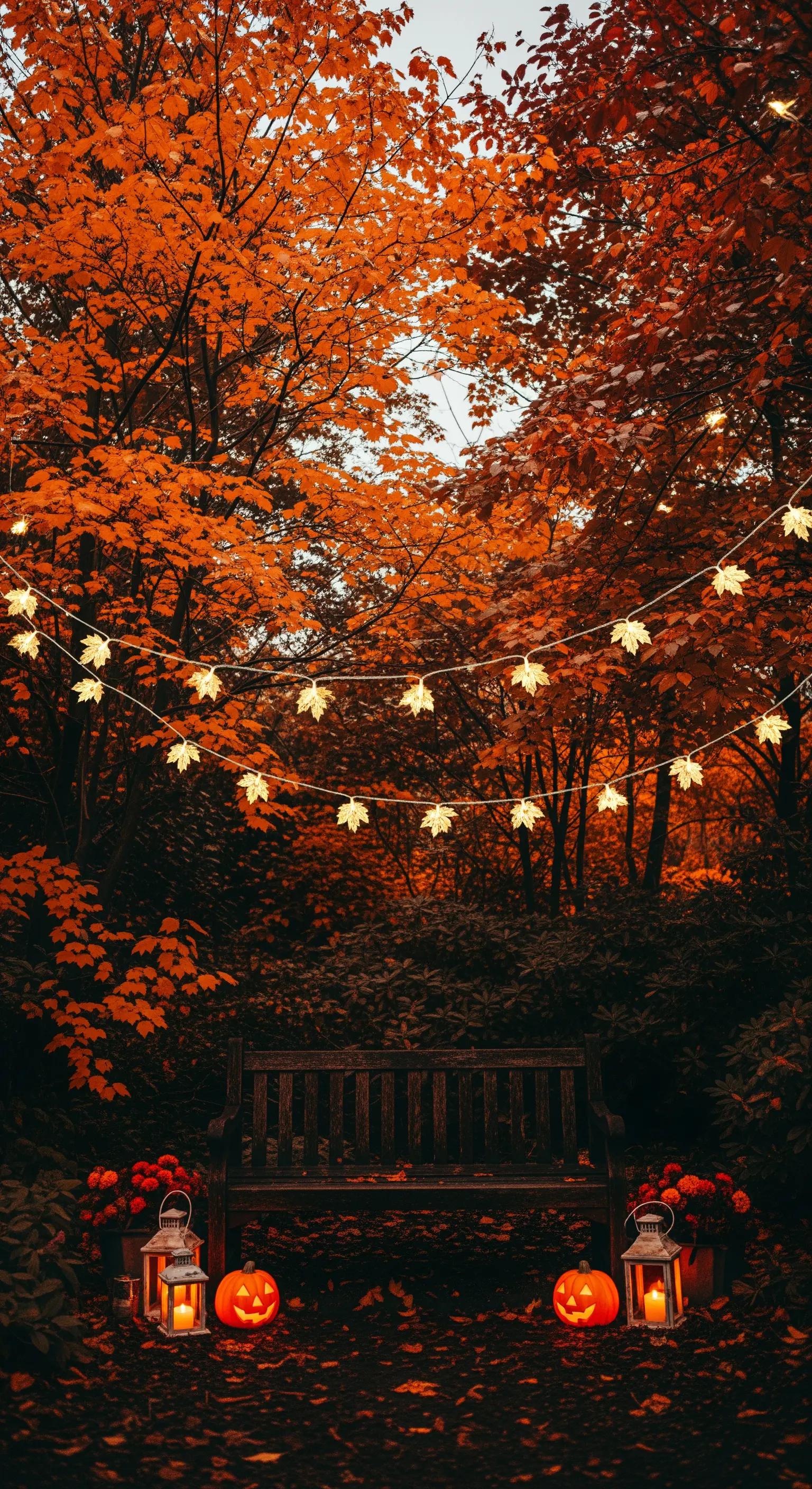 Panca in un bosco autunnale, con ghirlanda di luci a forma di foglia e zucche illuminate.