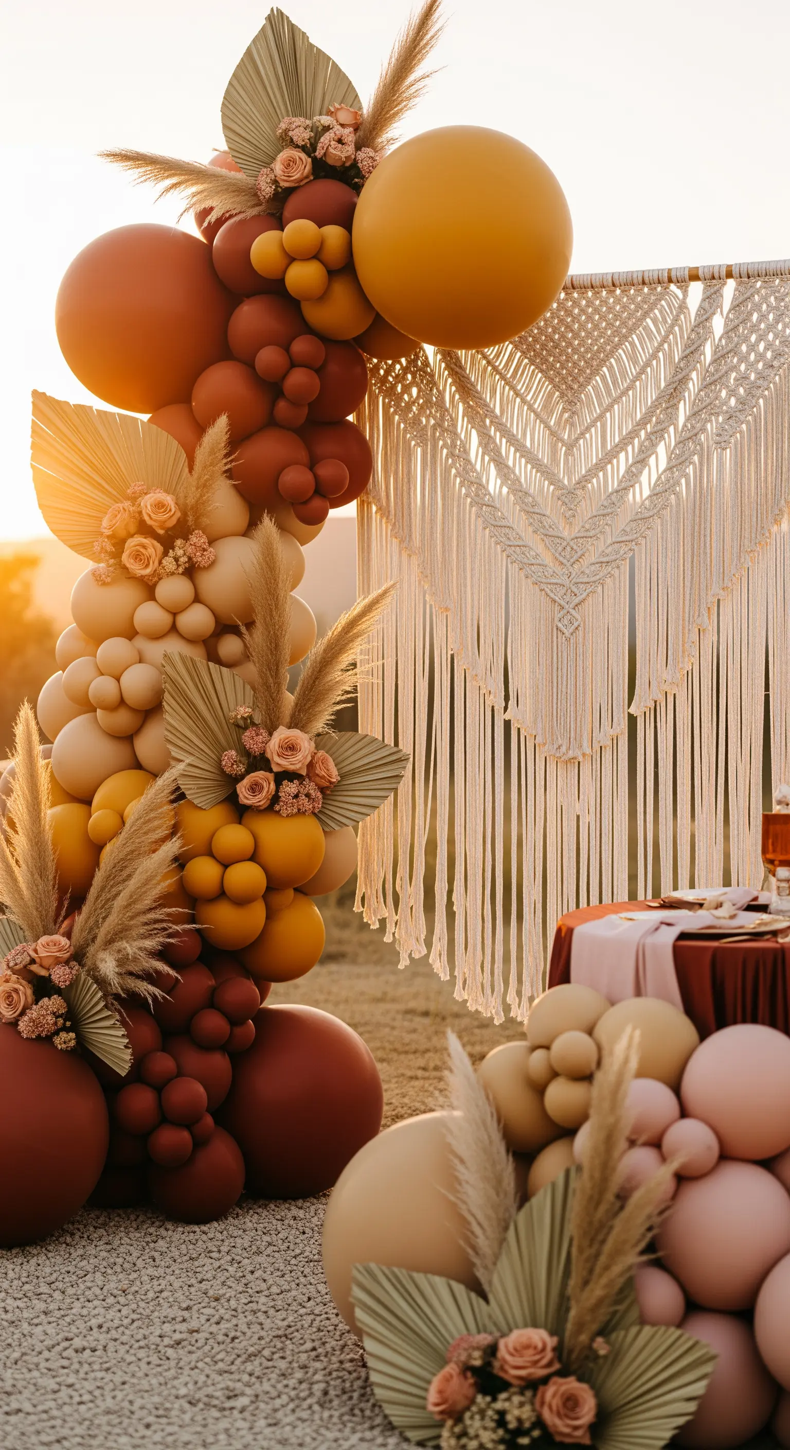 Decorazione boho chic con palloncini in toni caldi, pampas e backdrop in macramè.