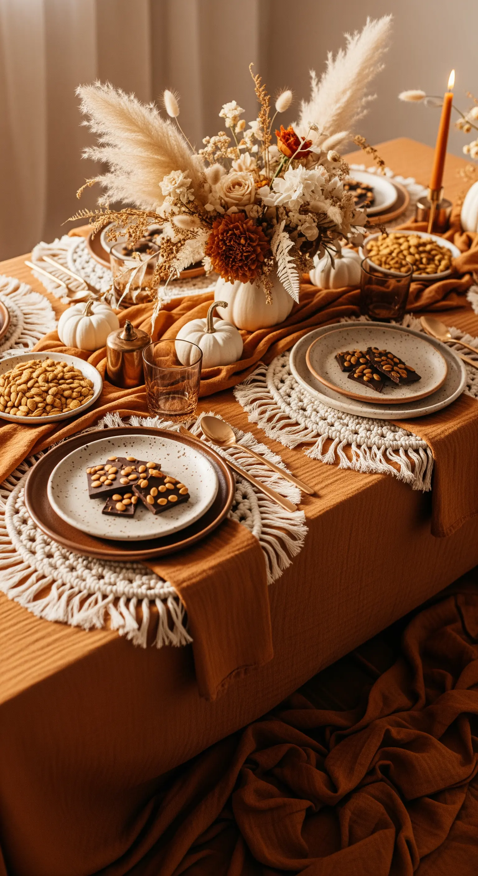Tavola di Halloween in stile boho con tovagliette in macramè e fiori secchi.