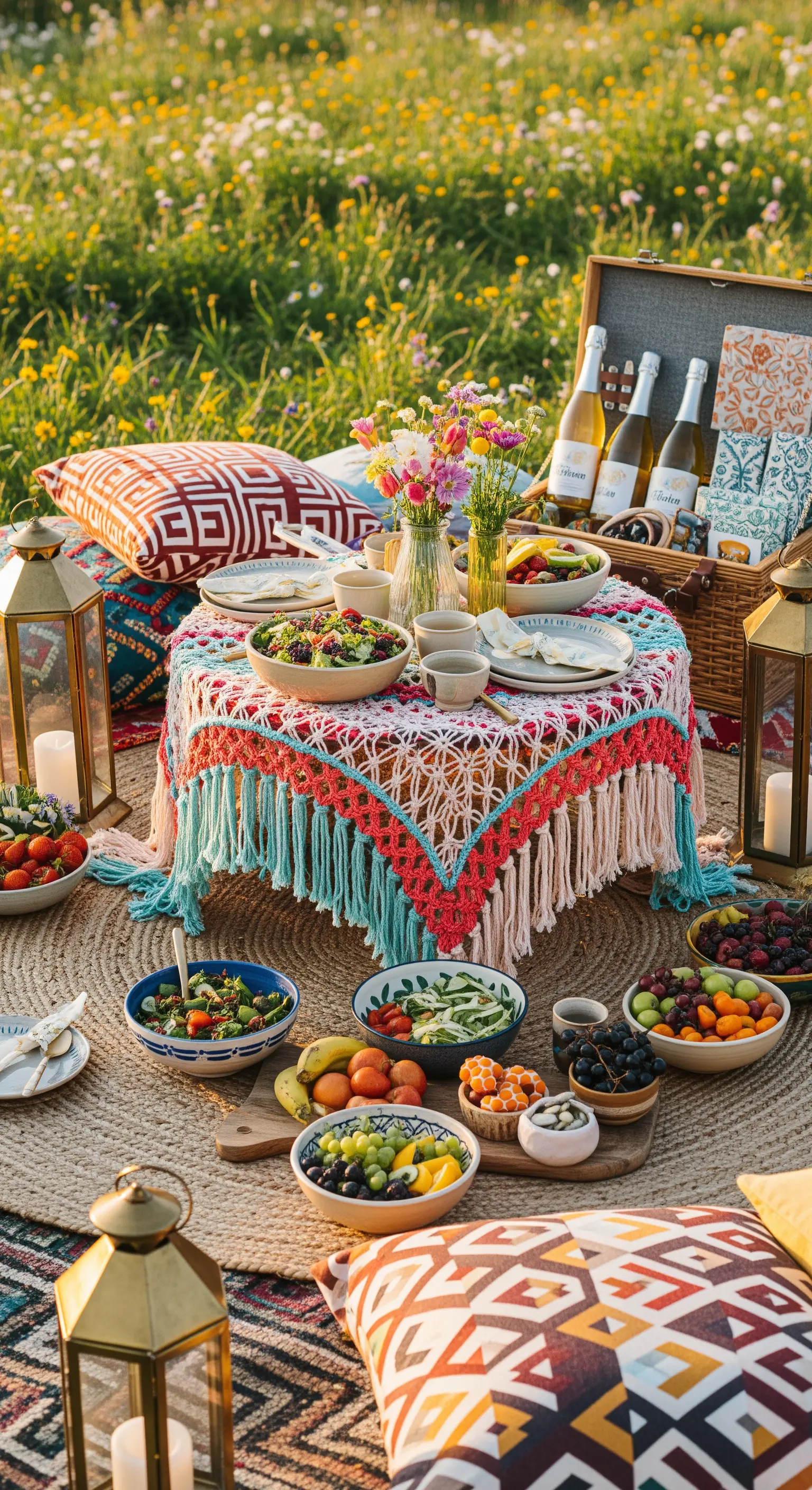 Allestimento picnic boho-chic con un tavolino basso coperto da un plaid colorato e lanterne dorate.