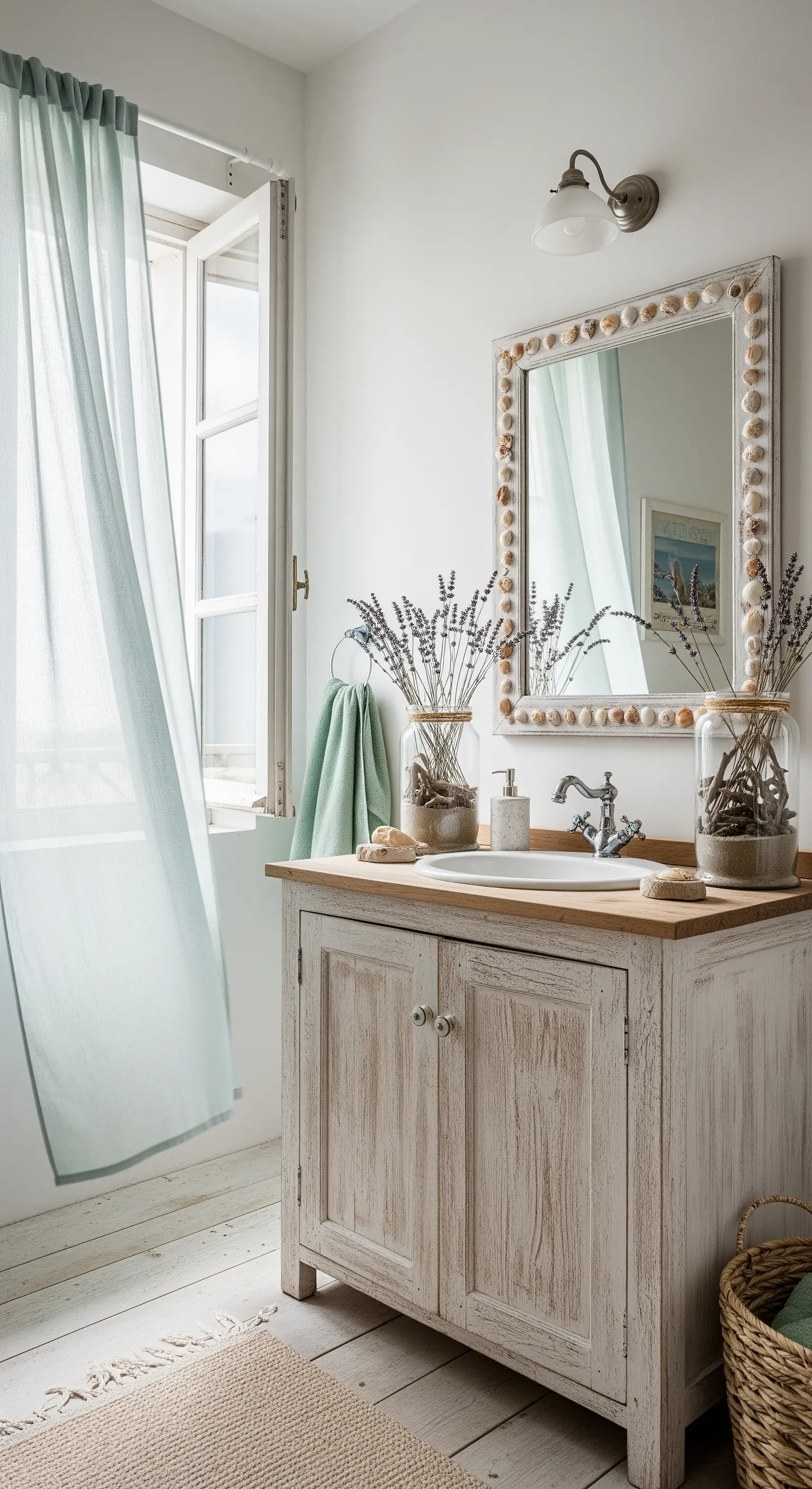 Bagno in stile costiero con mobile in legno sbiancato e specchio con cornice di conchiglie.