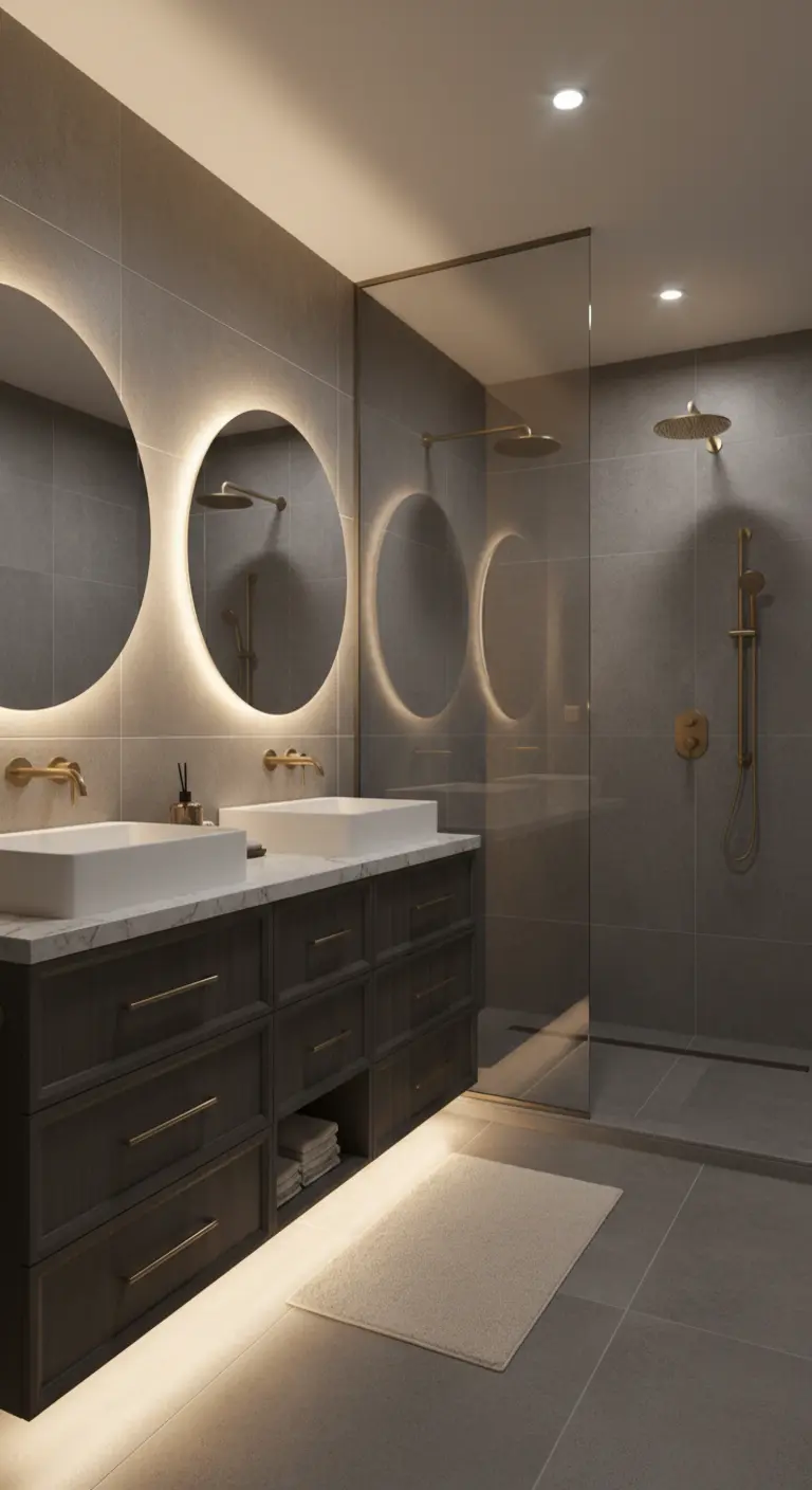 Bagno moderno con piastrelle grigie, doppio lavabo scuro e specchi rotondi retroilluminati.