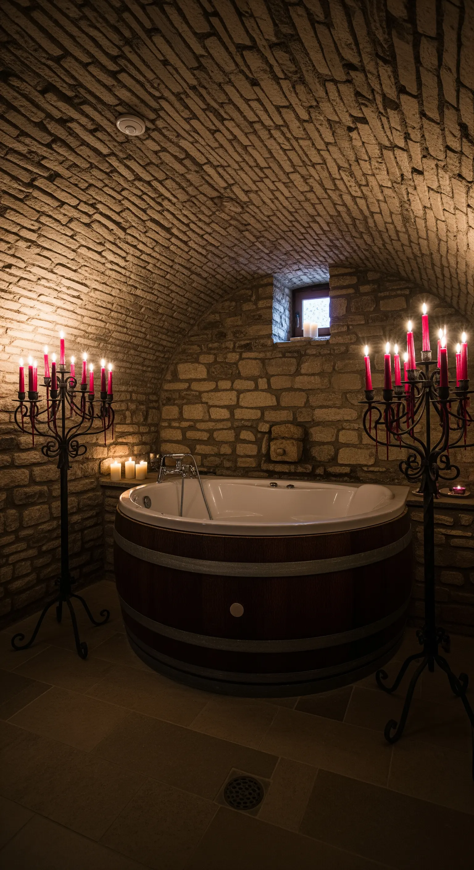 Vasca idromassaggio rotonda in una cantina in pietra, illuminata da candelabri.