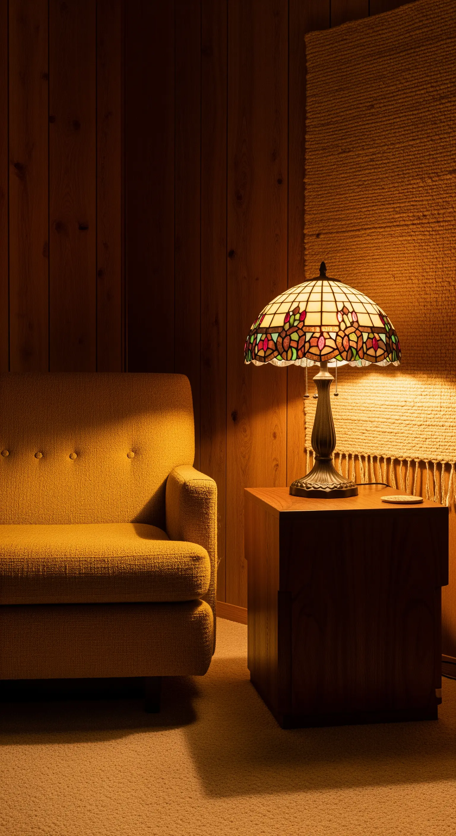 Divano senape in un salotto con boiserie, illuminato da una lampada in stile Tiffany.