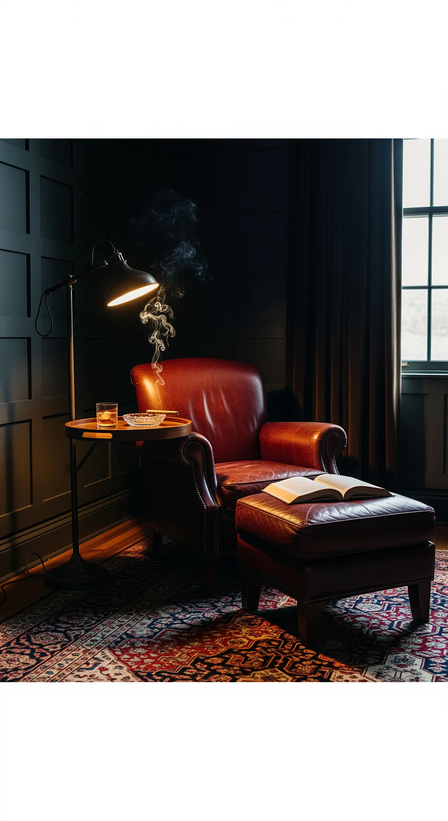 Poltrona in pelle rossa con poggiapiedi in una stanza scura, illuminata da una lampada da lettura.