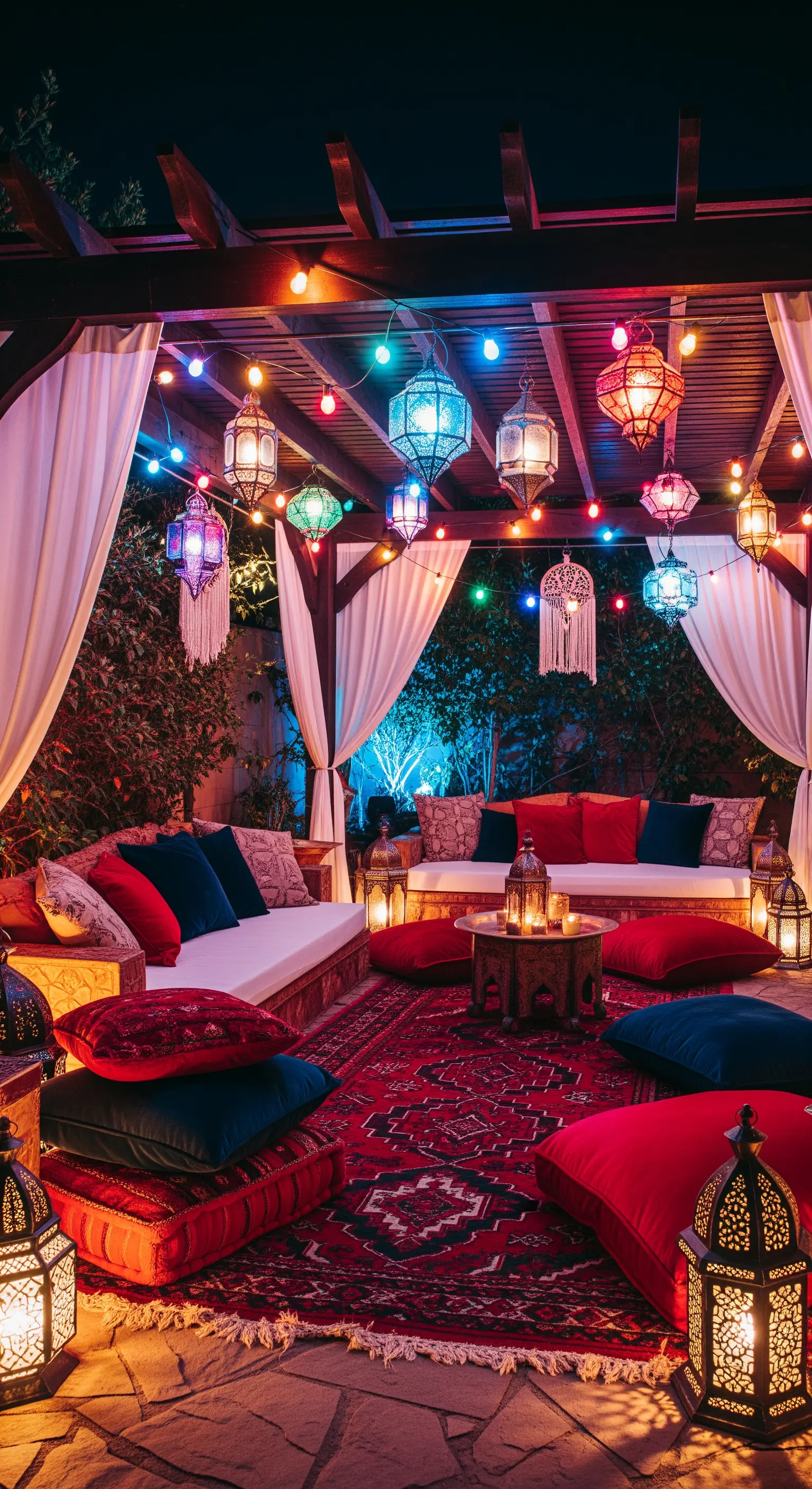 Gazebo illuminato di notte da luci colorate e lanterne marocchine, con cuscini rossi.