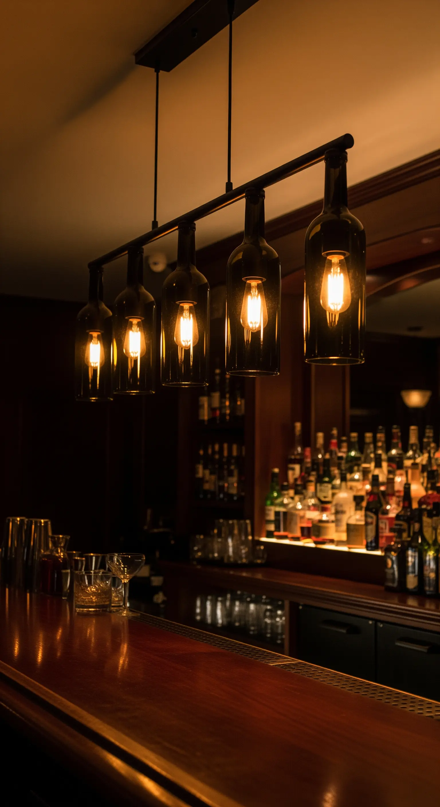 Lampadario lineare con bottiglie scure e luce calda sopra il bancone di un bar.