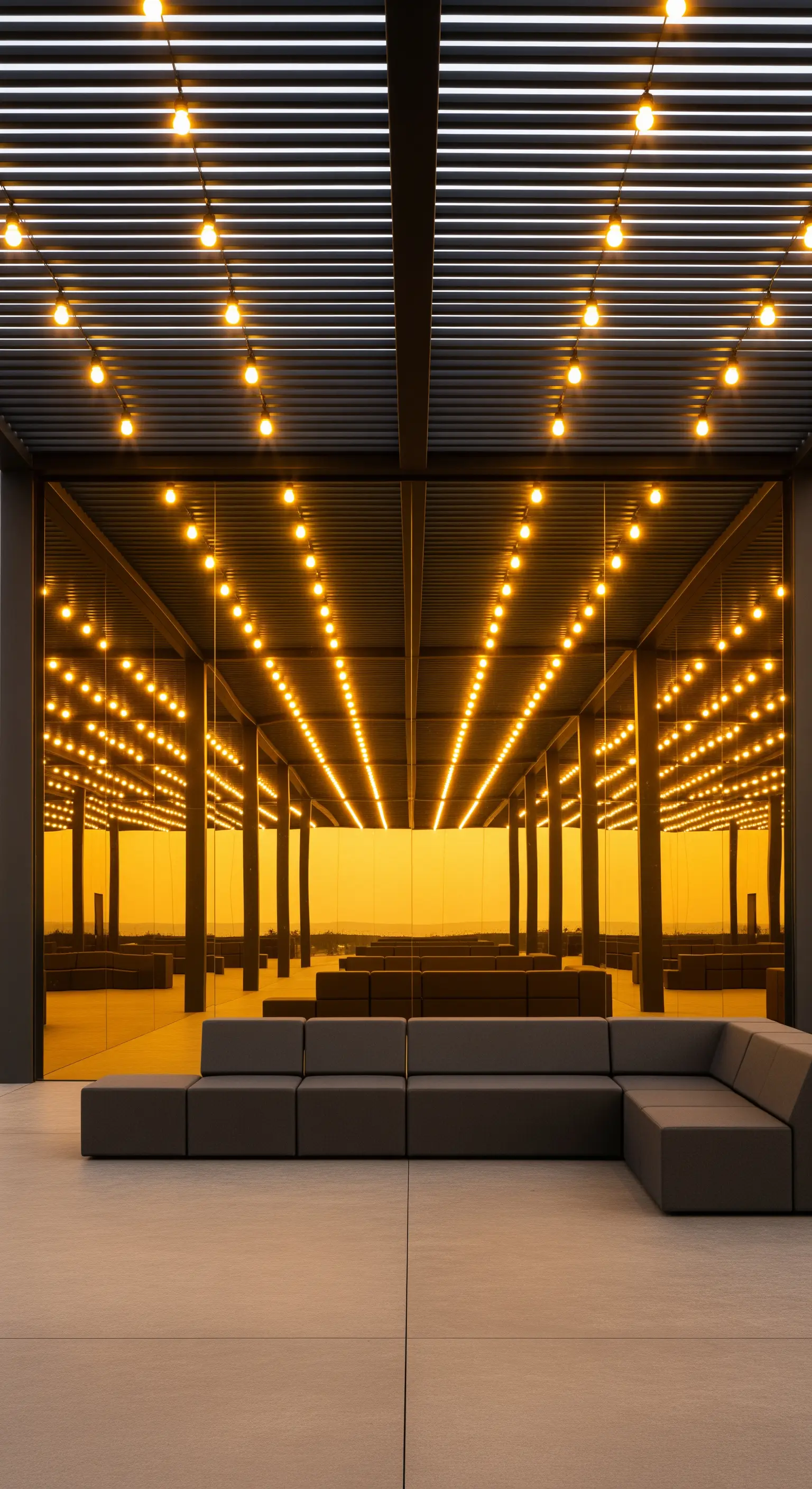 Divano modulare grigio di fronte a una grande parete a specchio dorata.