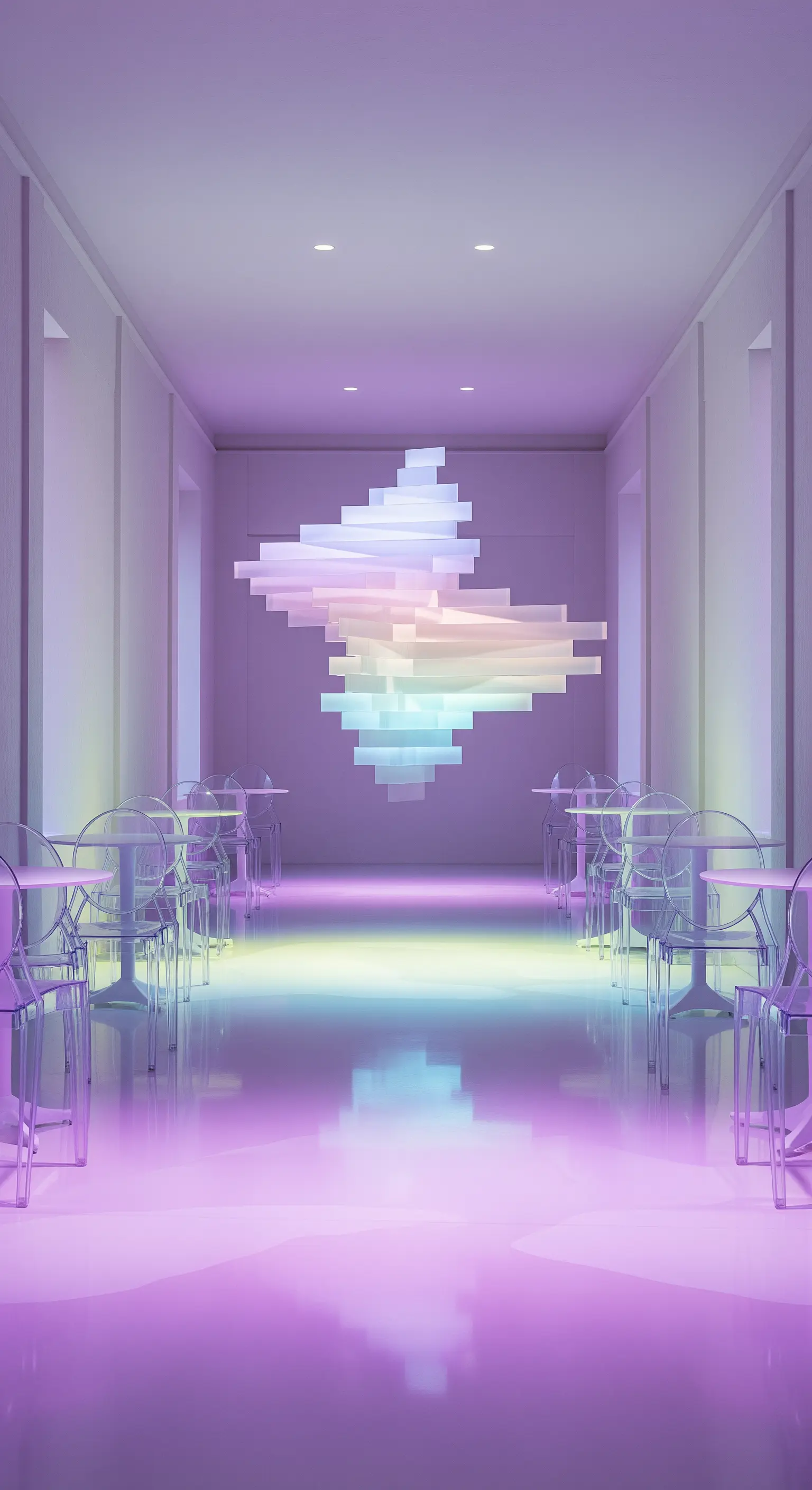 Sala minimalista con pavimento cangiante, sedie trasparenti e installazione luminosa a parete.