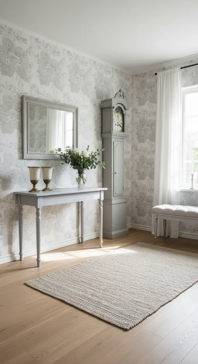 Ingresso in stile gustaviano con carta da parati e mobili grigi, illuminato dalla luce della finestra.