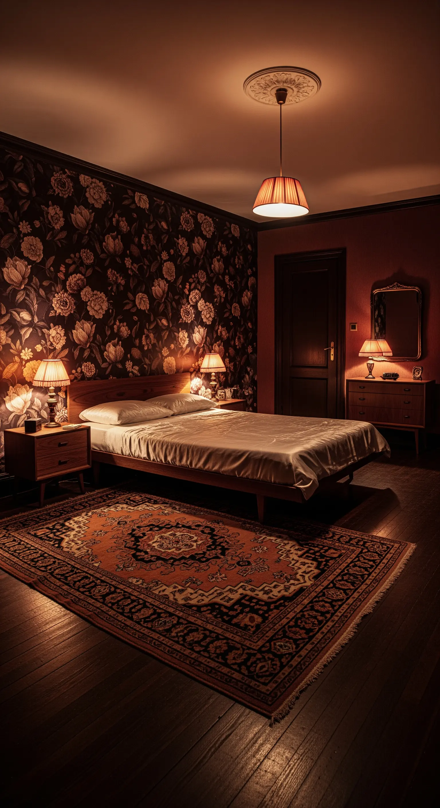 Camera da letto buia con carta da parati floreale, mobili in legno scuro e tappeto persiano.