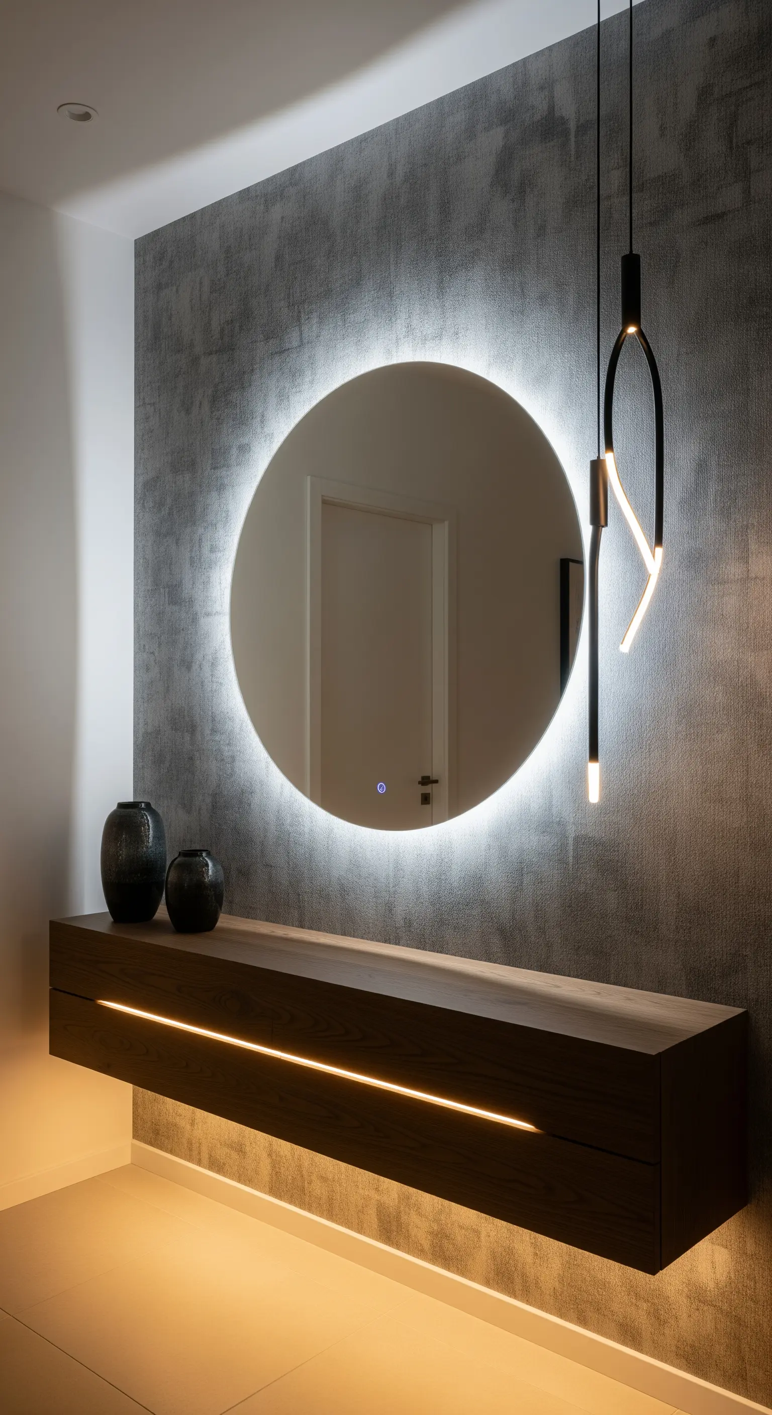 Consolle sospesa con luci LED integrate e specchio retroilluminato su parete effetto cemento.