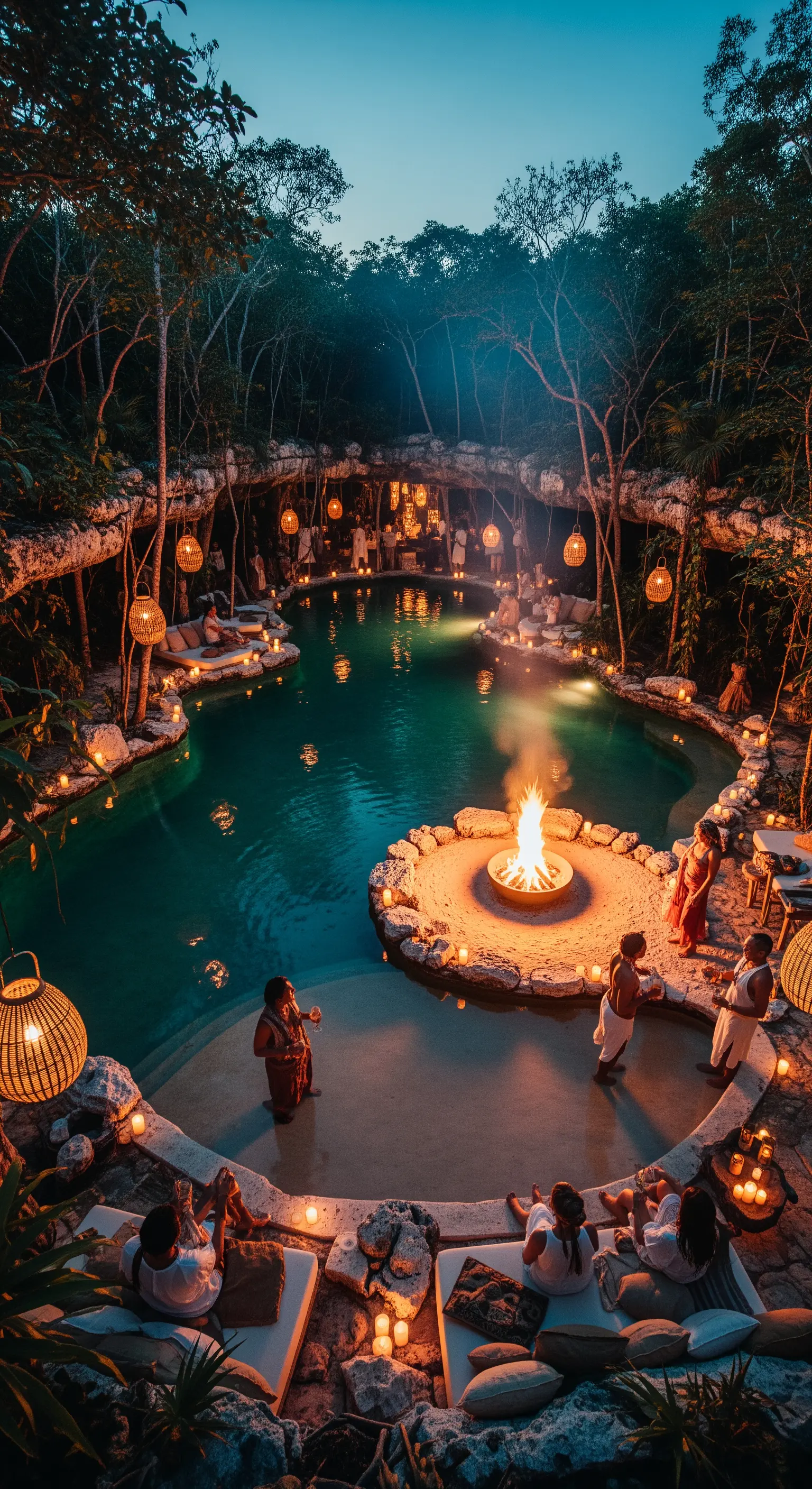 Festa suggestiva in un cenote illuminato da un falò centrale, candele e lanterne appese.