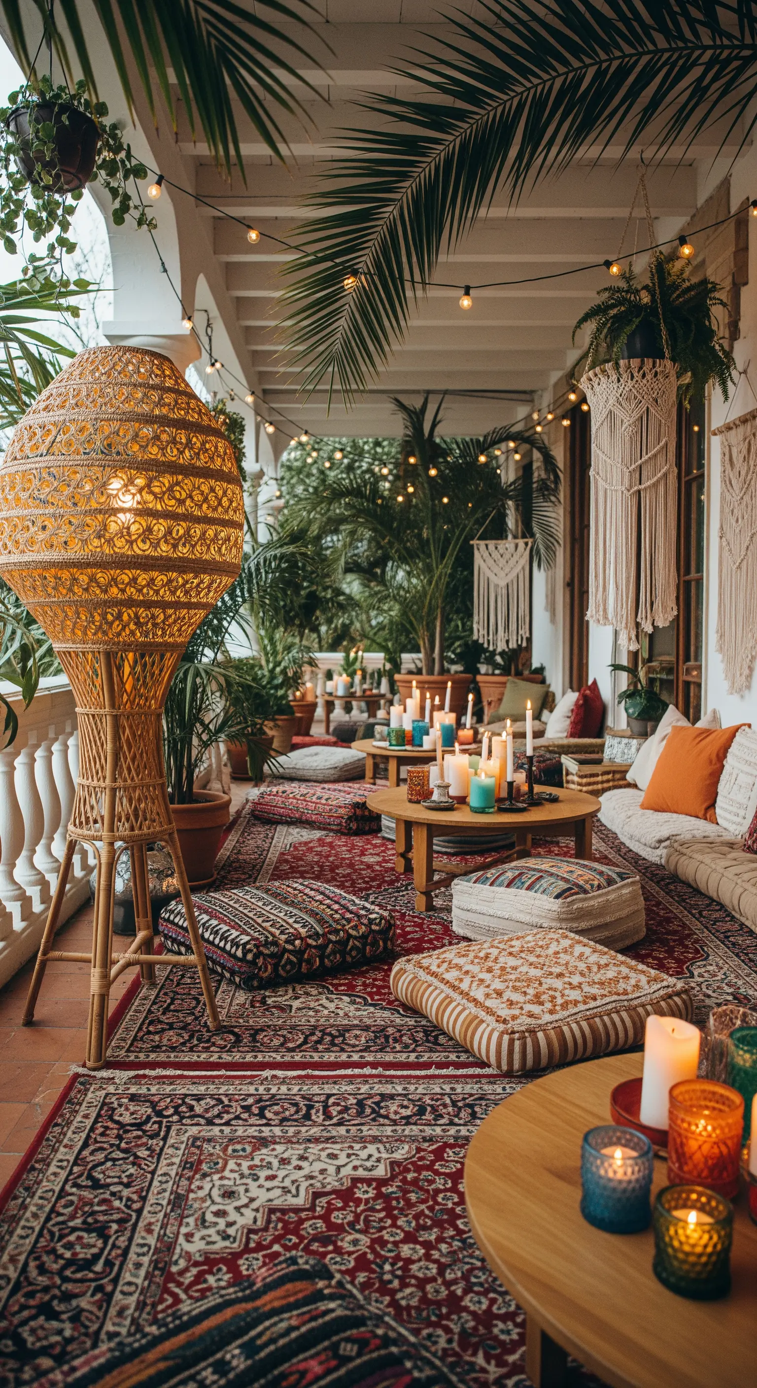 Veranda in stile bohémien con grande lampada in rattan, cuscini a terra e tappeti etnici.