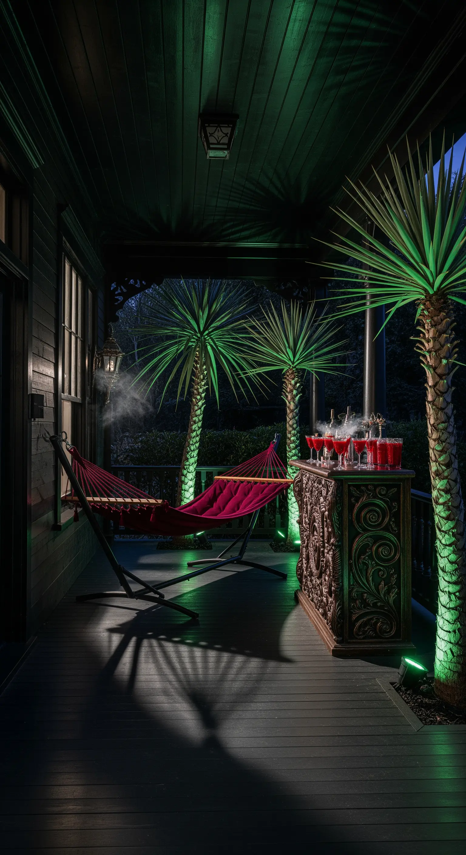 Portico scuro di notte con illuminazione a LED verde sulle palme e un'amaca color bordeaux