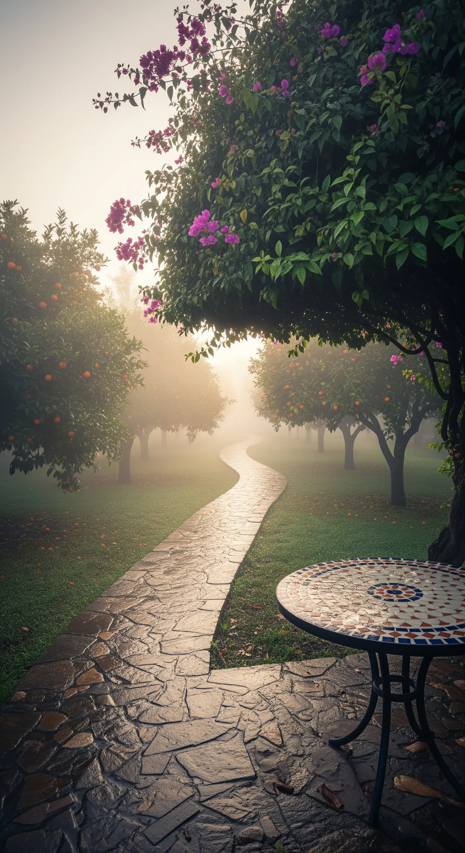 Sentiero in pietra in un aranceto nebbioso, con un tavolo a mosaico in primo piano.