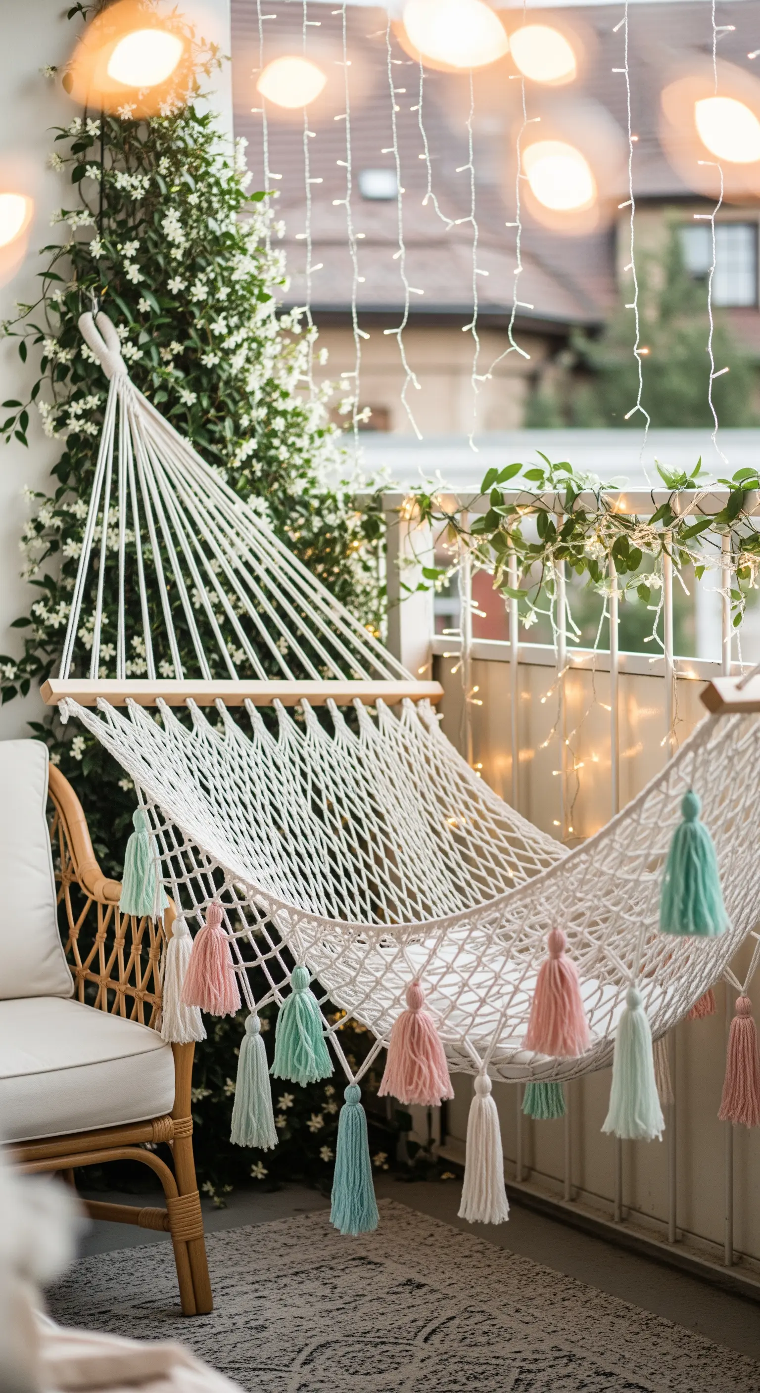 Amaca bianca a rete con nappe color pastello, illuminata da lucine e circondata da gelsomino.