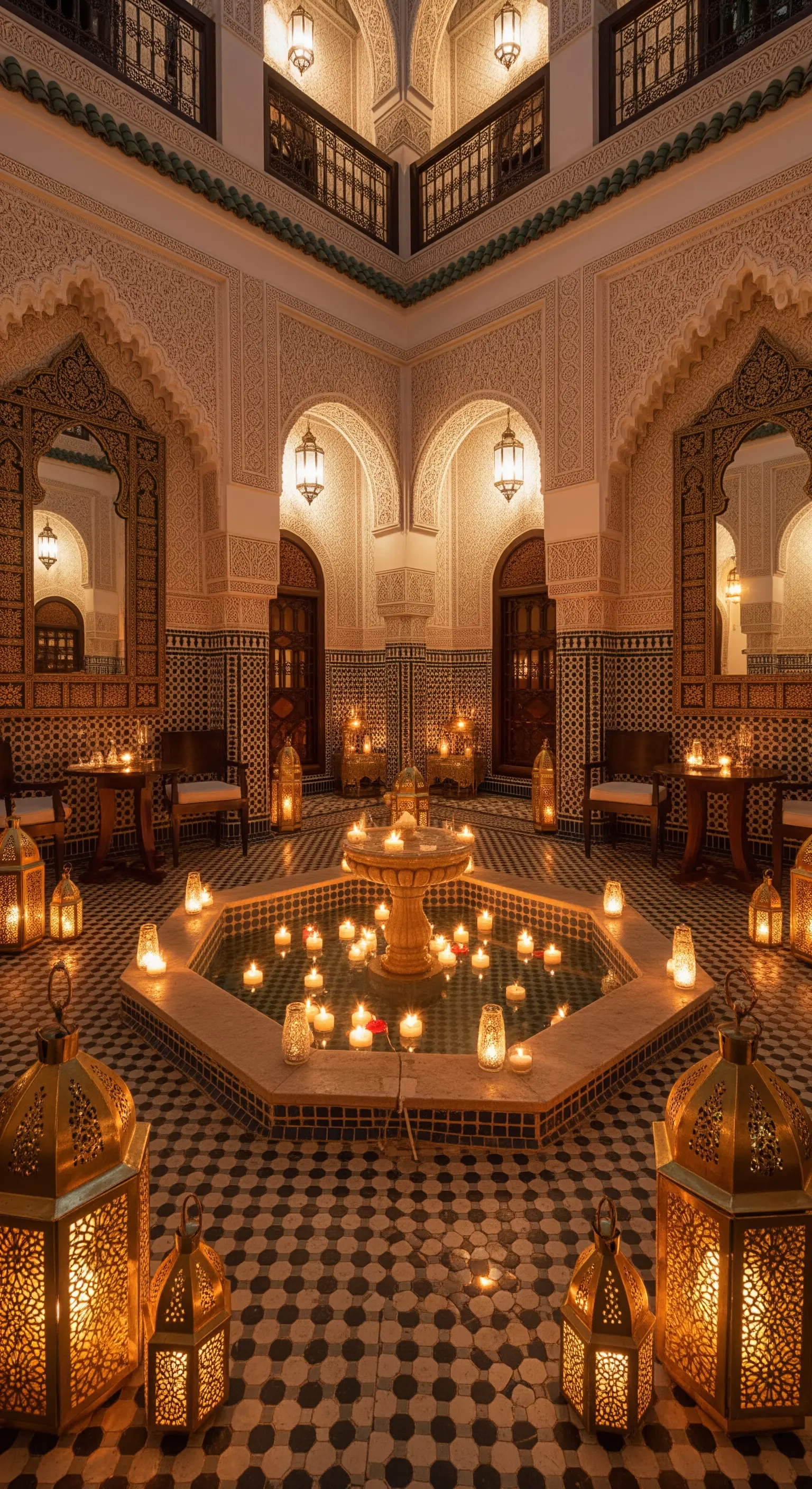 Cortile interno in stile marocchino con fontana, lanterne e candele galleggianti.