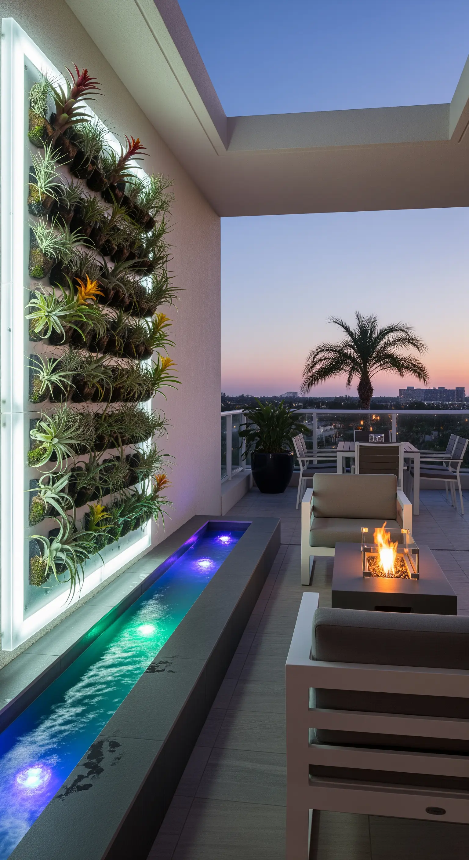 Terrazza moderna con parete di piante incorniciata da neon, canale d'acqua e braciere.