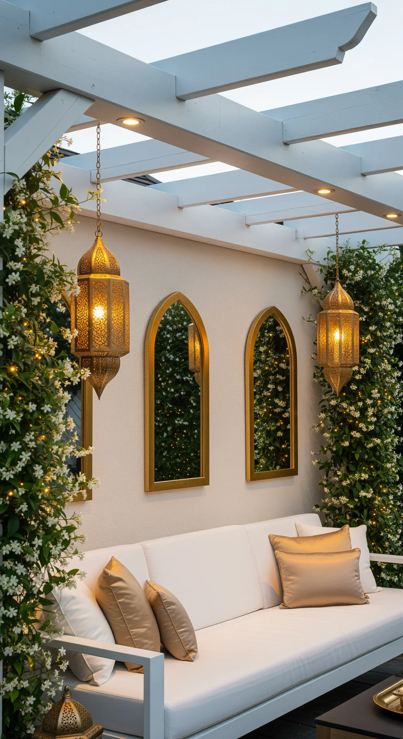 Divano bianco sotto un pergolato con lanterne e specchi marocchini dorati, circondato da gelsomini.