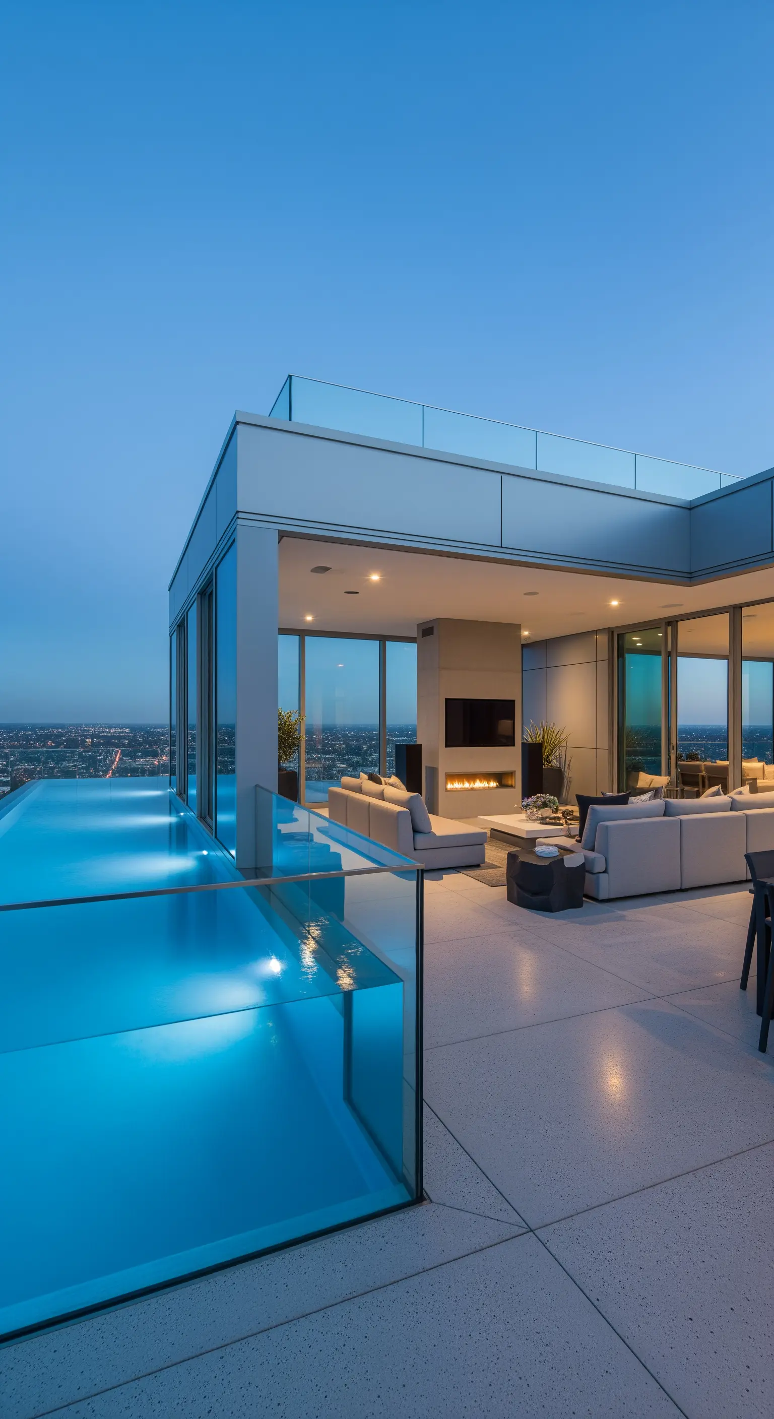 Attico di lusso con piscina a sfioro dalle pareti in vetro e vista sulla città.