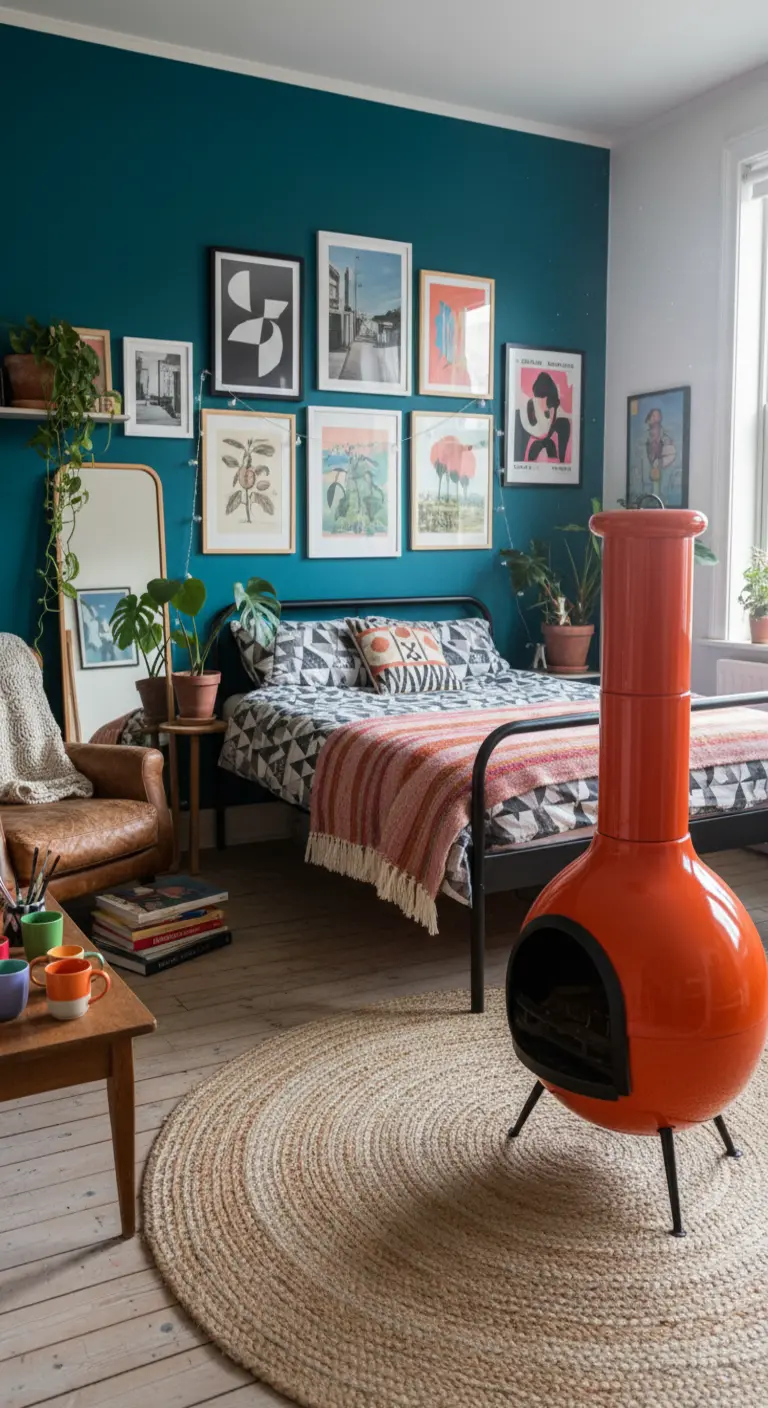 Camera da letto eclettica con parete blu ottanio, stufa arancione e una gallery wall.