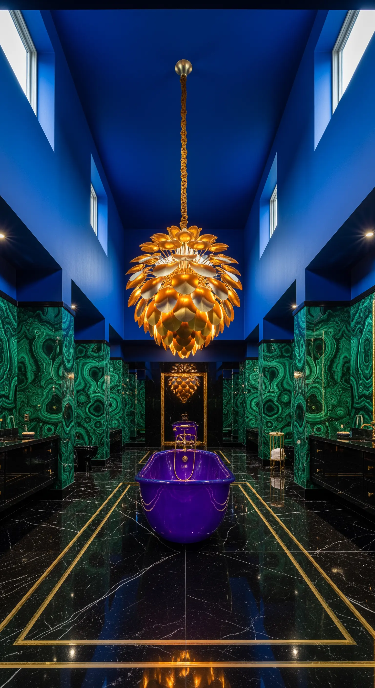 Bagno di lusso con pareti effetto malachite, soffitto blu, vasca viola e lampadario dorato.