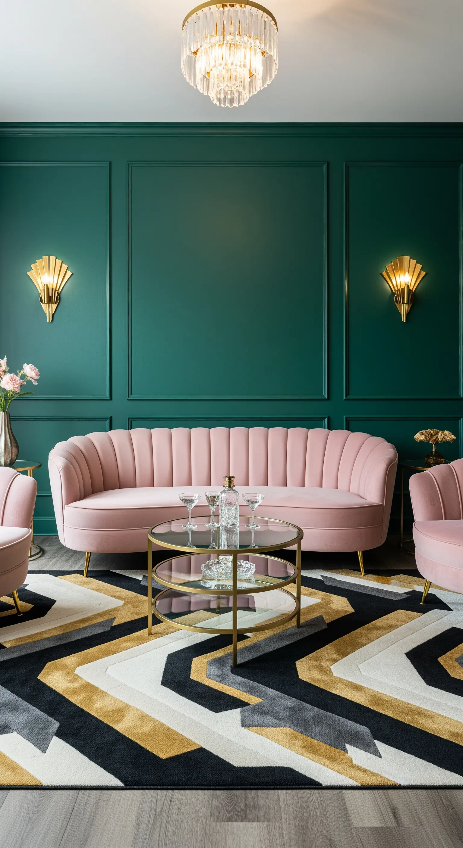 Salotto con pareti verde smeraldo, divano rosa in velluto e lampade dorate a ventaglio.