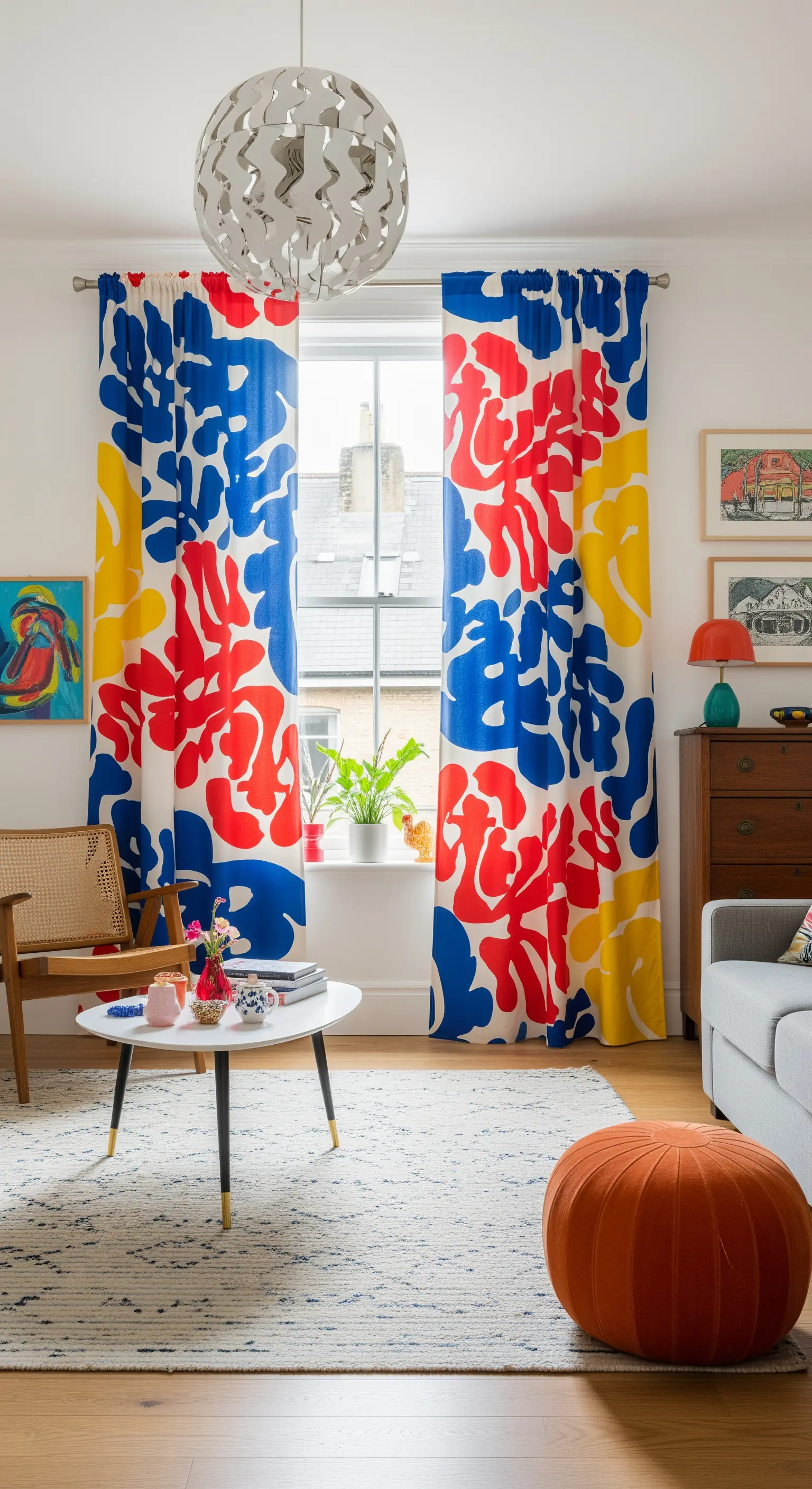 Tende con un motivo astratto audace ispirato a Matisse in rosso, blu e giallo primari.