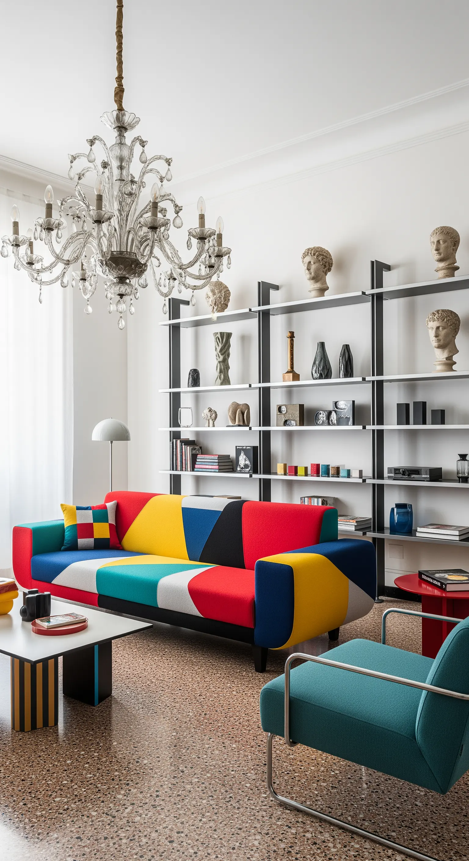Salotto con divano patchwork colorato, libreria minimalista con sculture e lampadario in vetro.