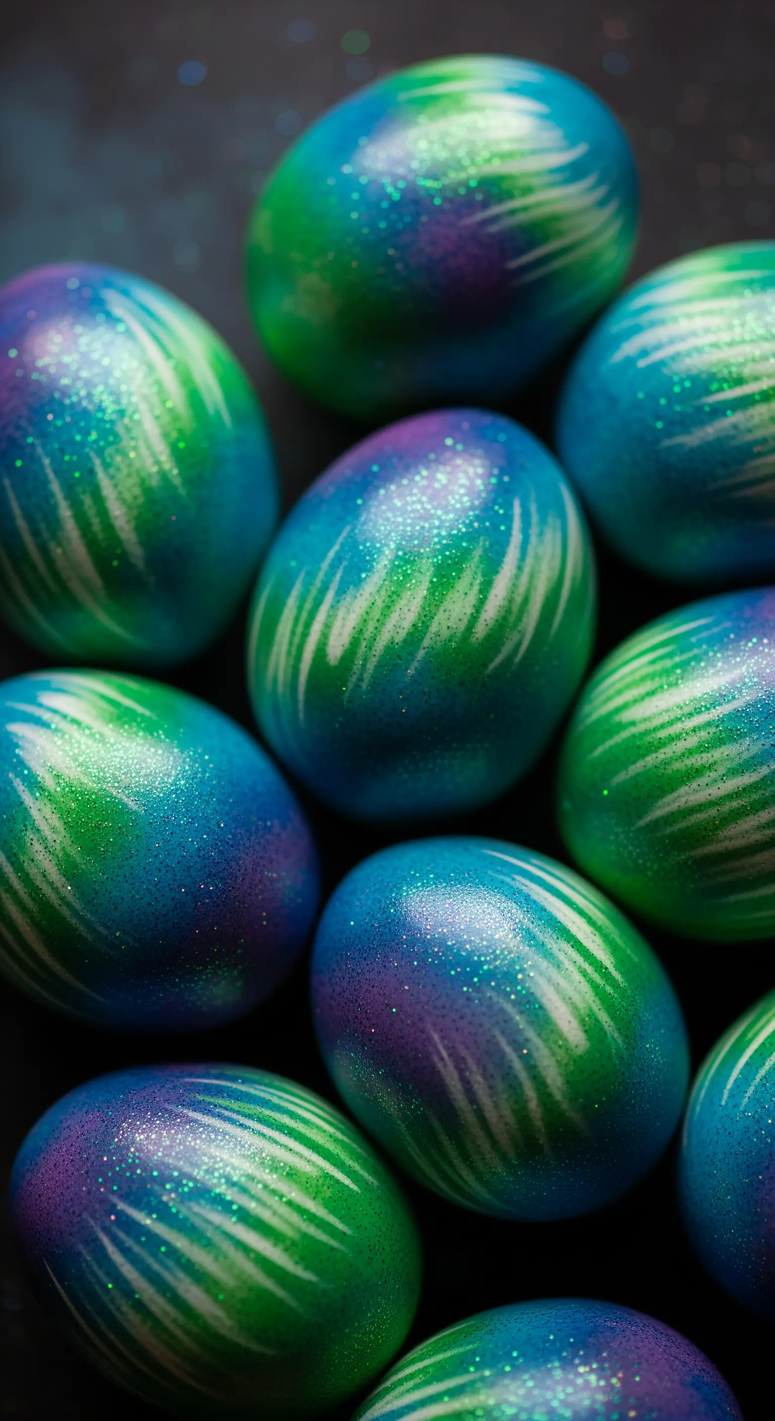 Uova pasquali con effetto aurora boreale in verde e blu e una spolverata di glitter.
