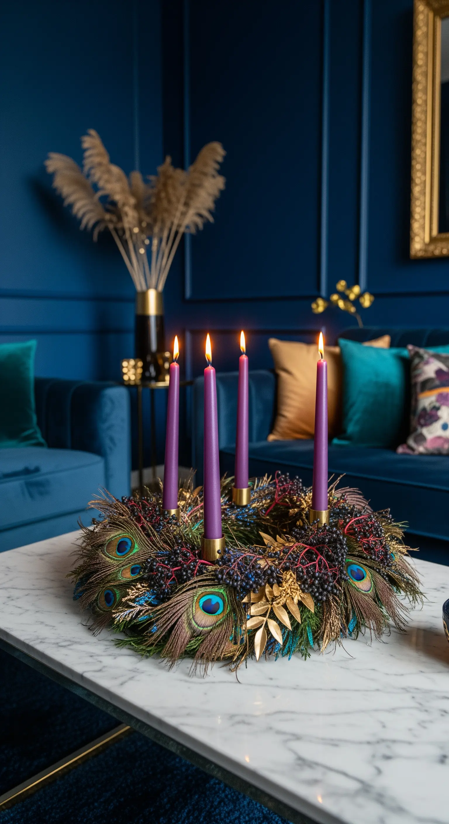 Corona dell'Avvento glamour con piume di pavone, candele viola e dettagli dorati.