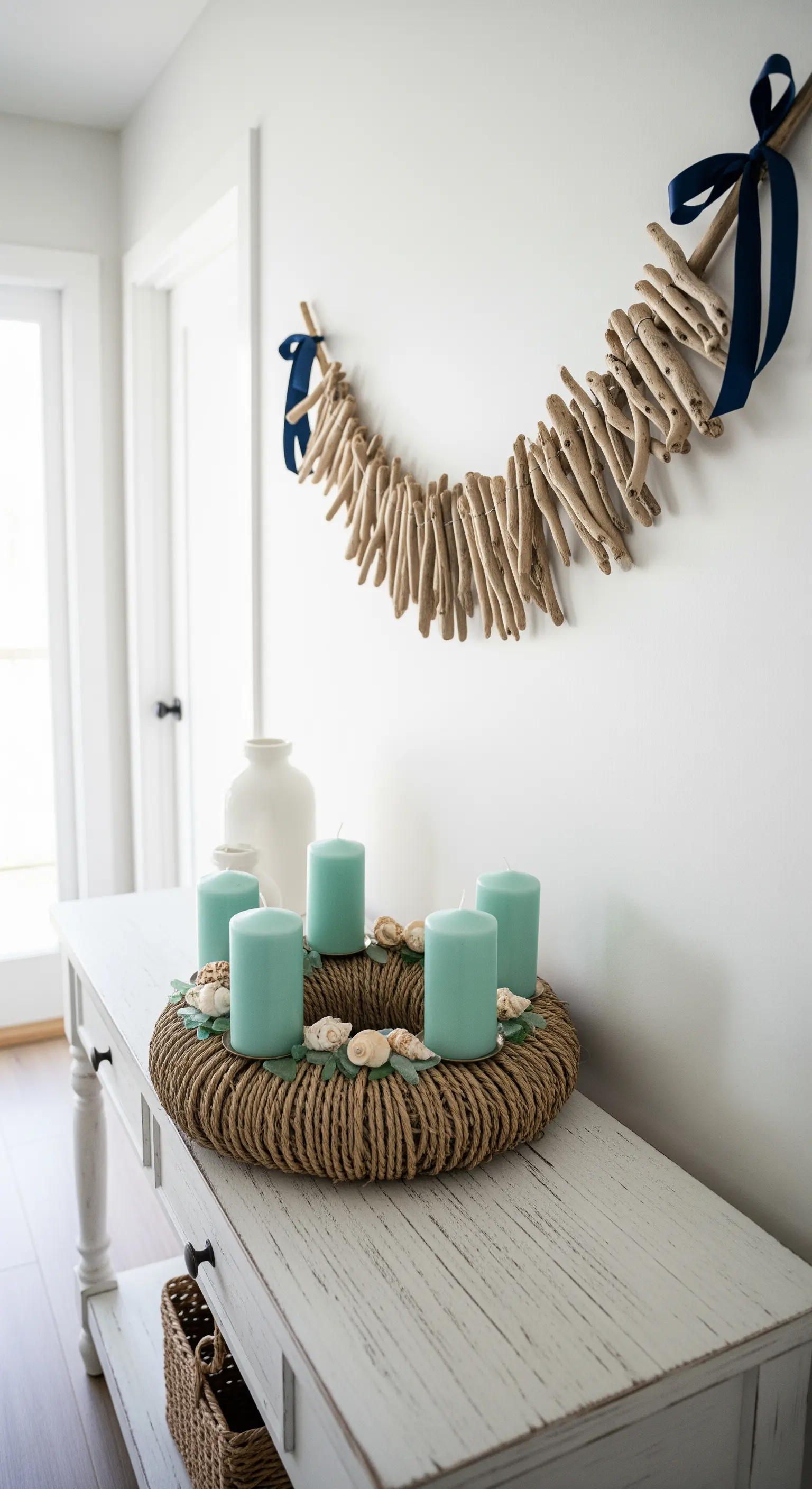 Decorazioni dell'Avvento in stile costiero con legni, corda e candele verdi.