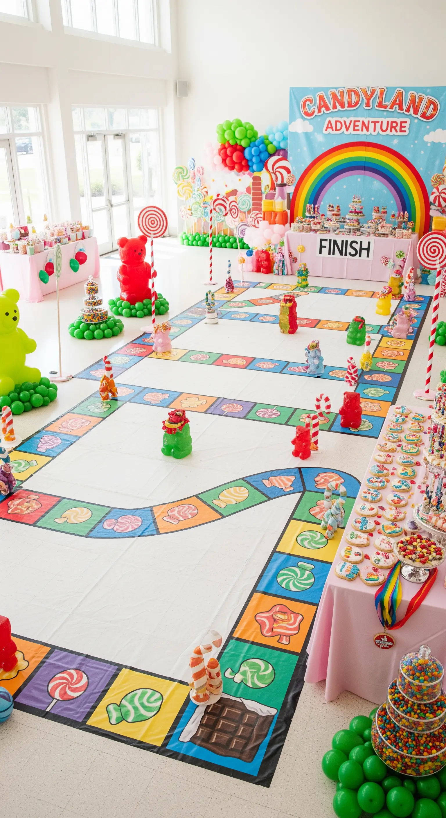 Un gioco da tavolo Candyland a grandezza naturale allestito in un grande spazio bianco con dolci e palloncini.